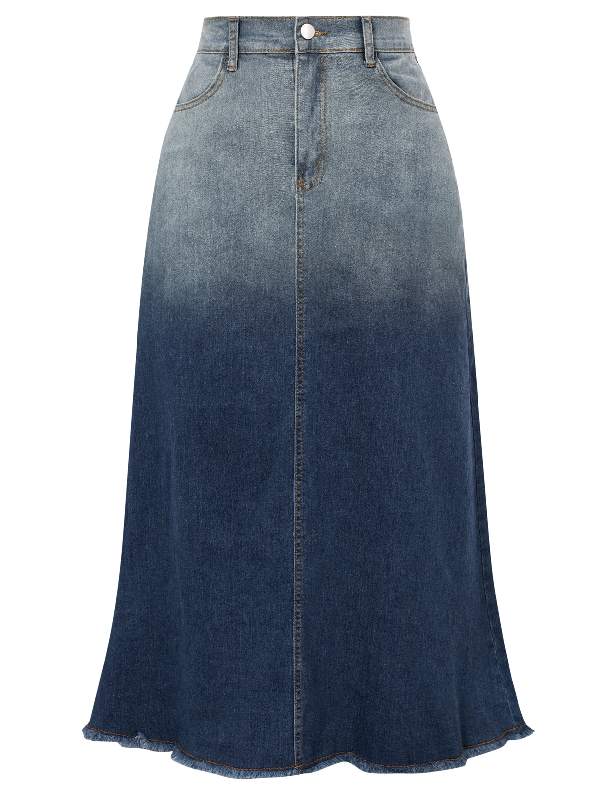 belle poque Multi-Pocket Jean Skirt Elastic High Waist Raw Hem Midi A-Line Skirt