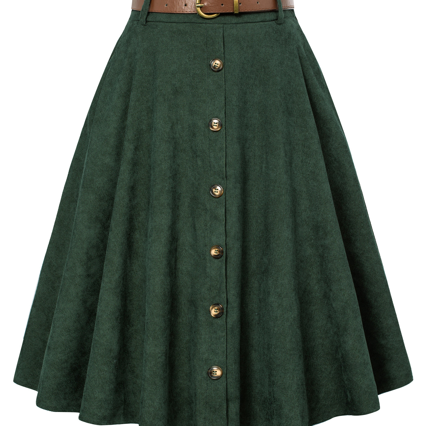 belle poque Corduroy Skirt with Belt Elastic High Waist Mid-Calf Swing Skirt Dark Green