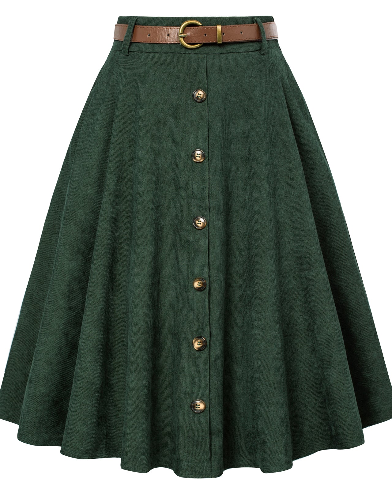 belle poque Corduroy Skirt with Belt Elastic High Waist Mid-Calf Swing Skirt Dark Green