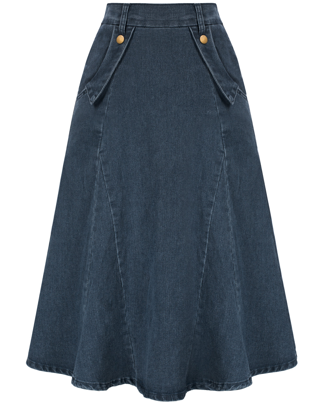 belle poque Denim Skirts Knee Length Vintage Elastic High Waist A-Line Midi Jean Skirts with Pockets