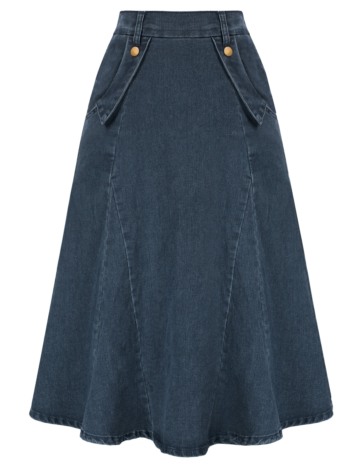 belle poque Denim Skirts Knee Length Vintage Elastic High Waist A-Line Midi Jean Skirts with Pockets