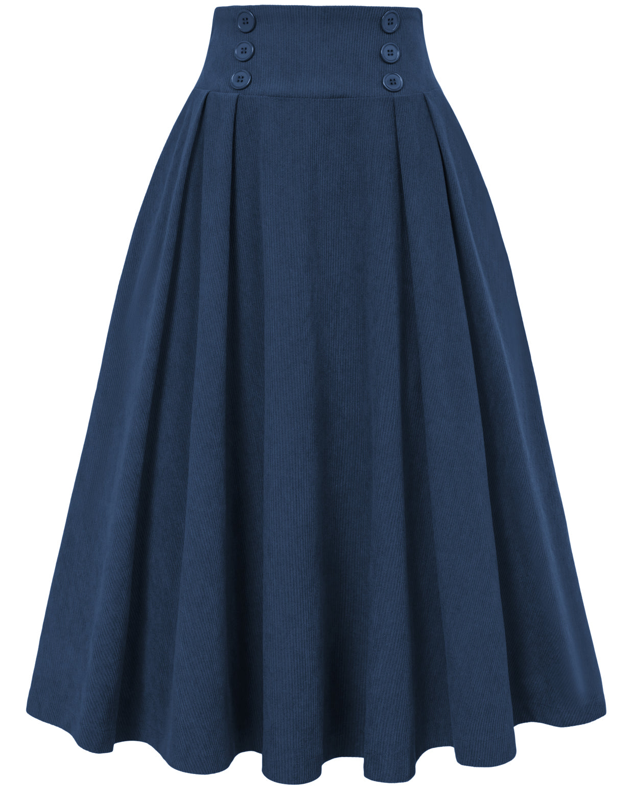 belle poque Vintage Corduroy Skirt Elastic High Waist Buttons Decorated Swing Skirt with Pockets Blue
