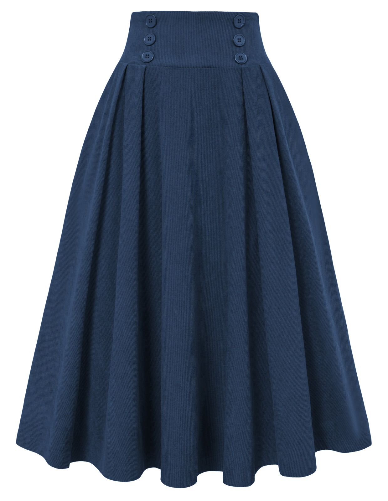 belle poque Vintage Corduroy Skirt Elastic High Waist Buttons Decorated Swing Skirt with Pockets Blue