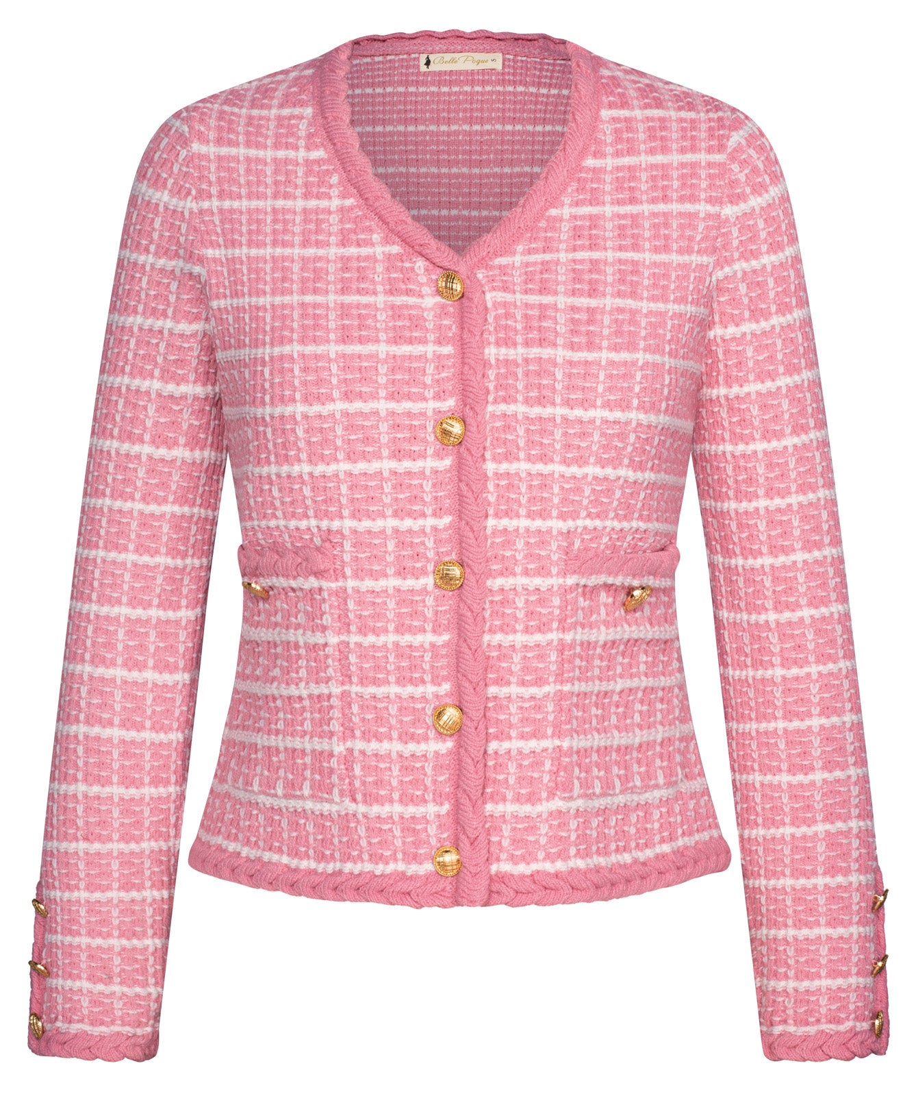 belle poque Contrast Color Cardigan Long Sleeve V-Neck Cable Knitted Sweater Pink