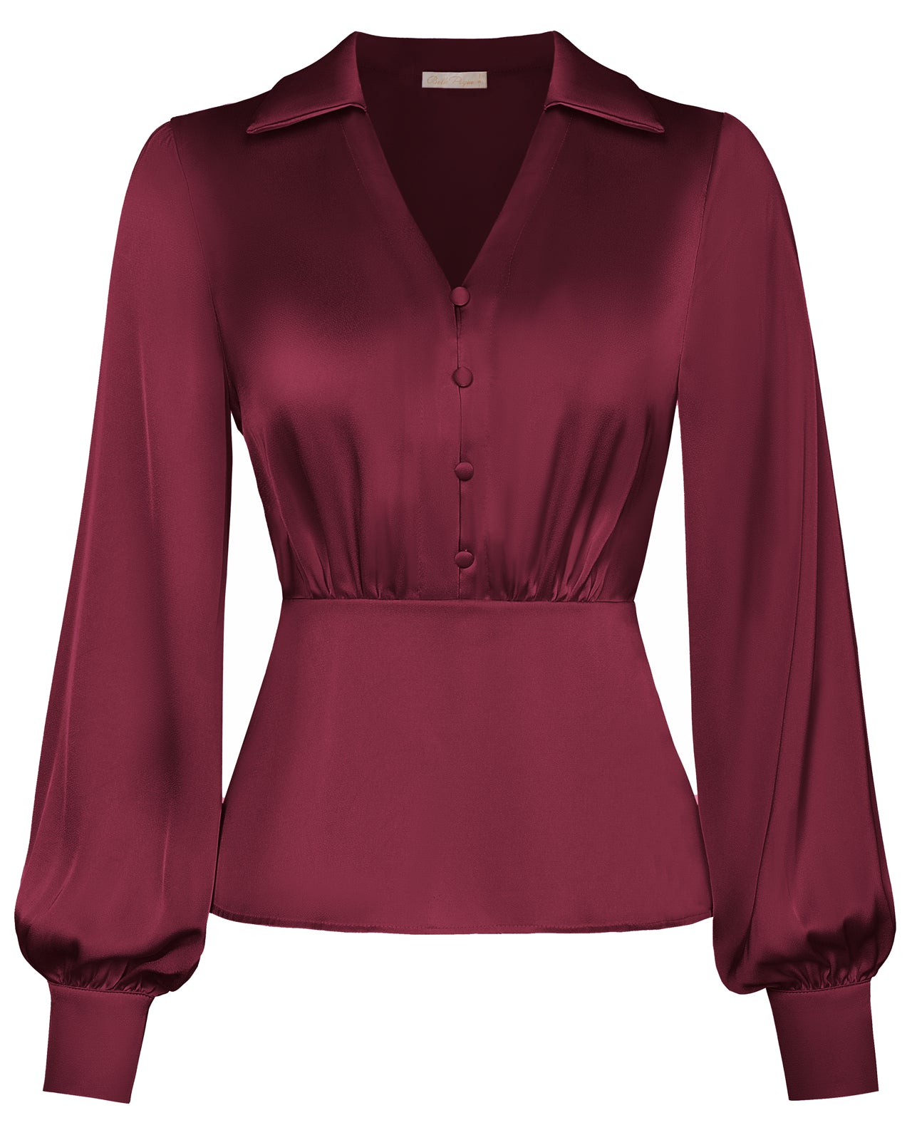 belle poque Vintage Elastic Waist Blouse Long Sleeve Lapel V-Neck Pullover Tops