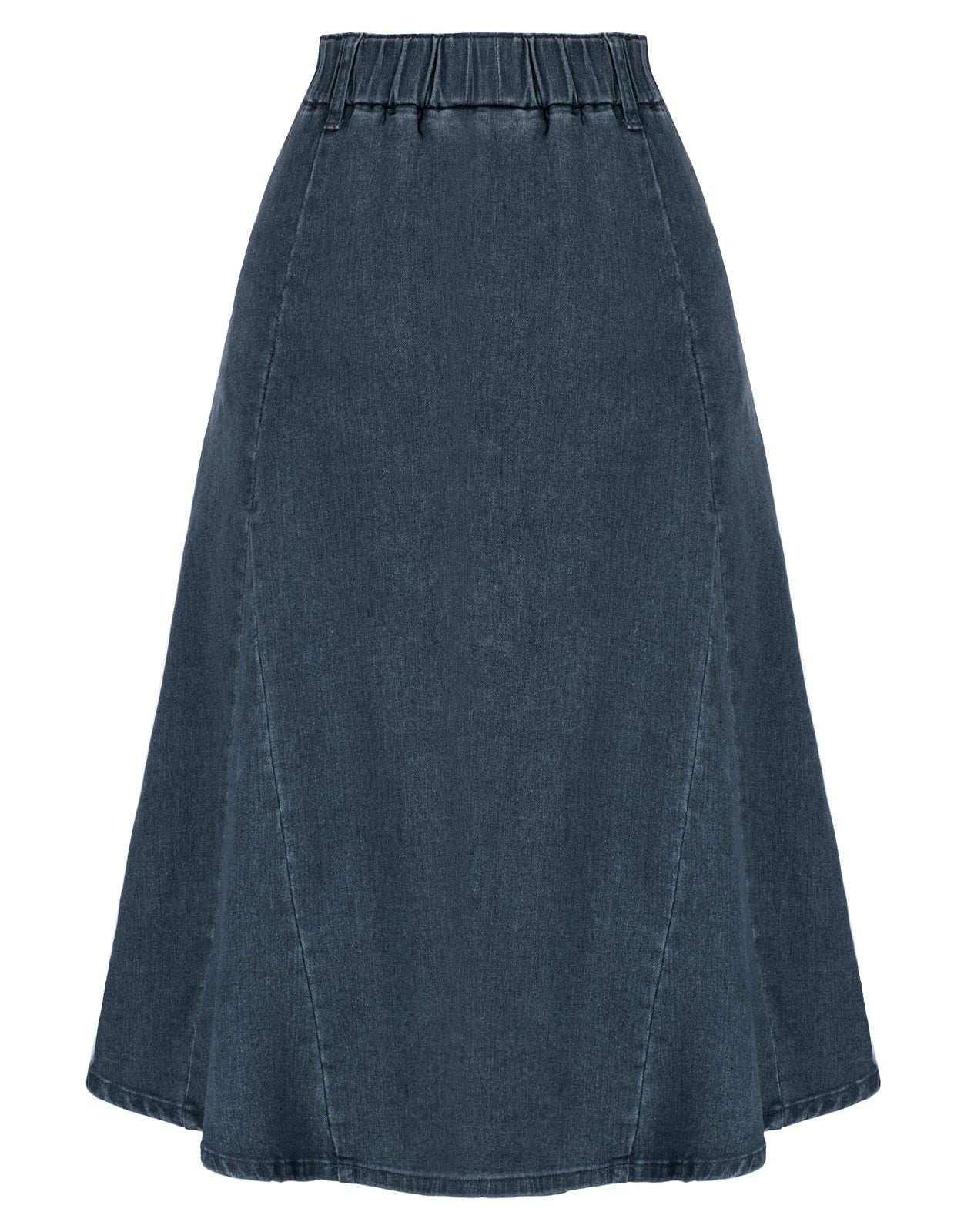 belle poque Denim Skirts Knee Length Vintage Elastic High Waist A-Line Midi Jean Skirts with Pockets
