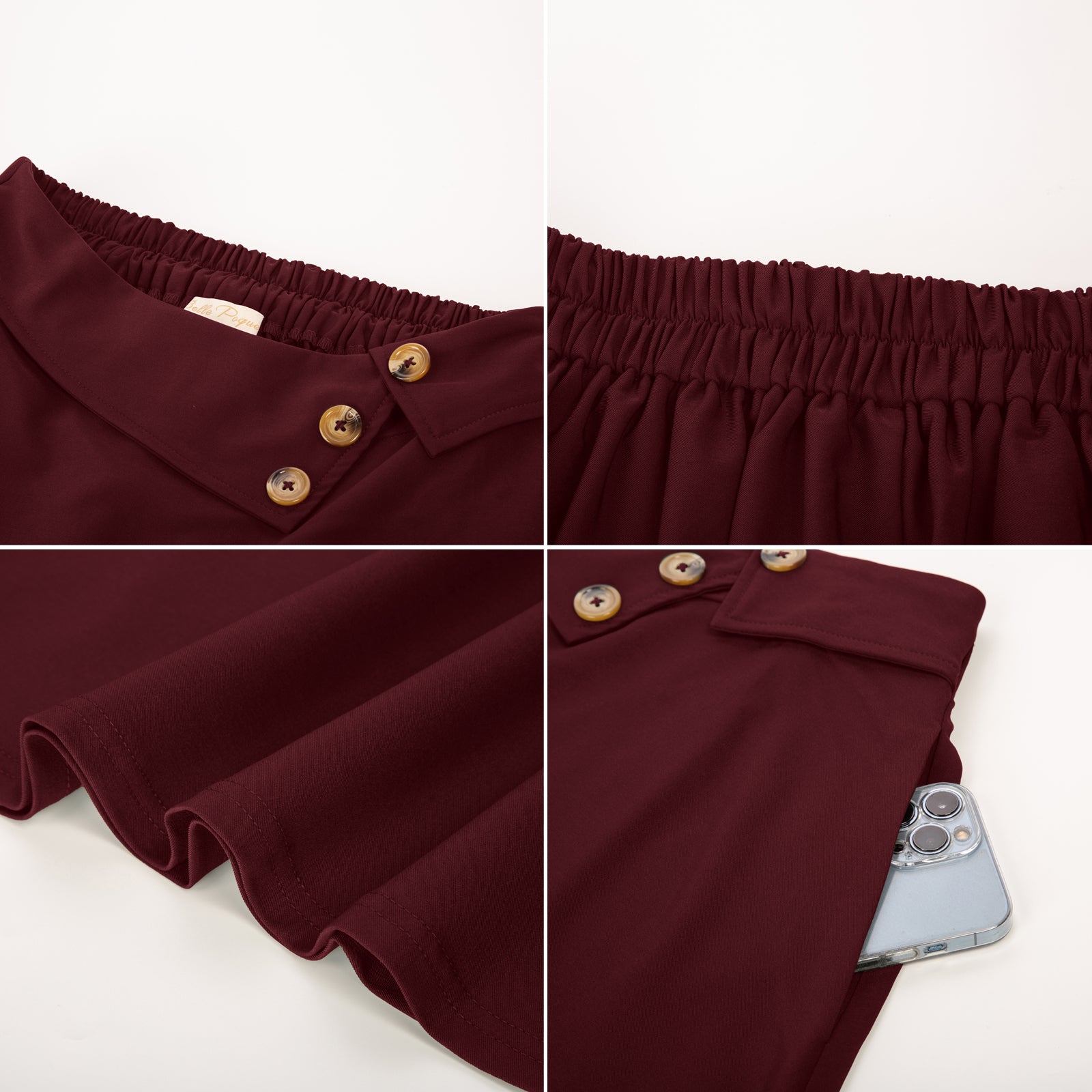 belle poque Vintage A-Line Skirt High Waisted Midi Skirt with Pockets & Buttons