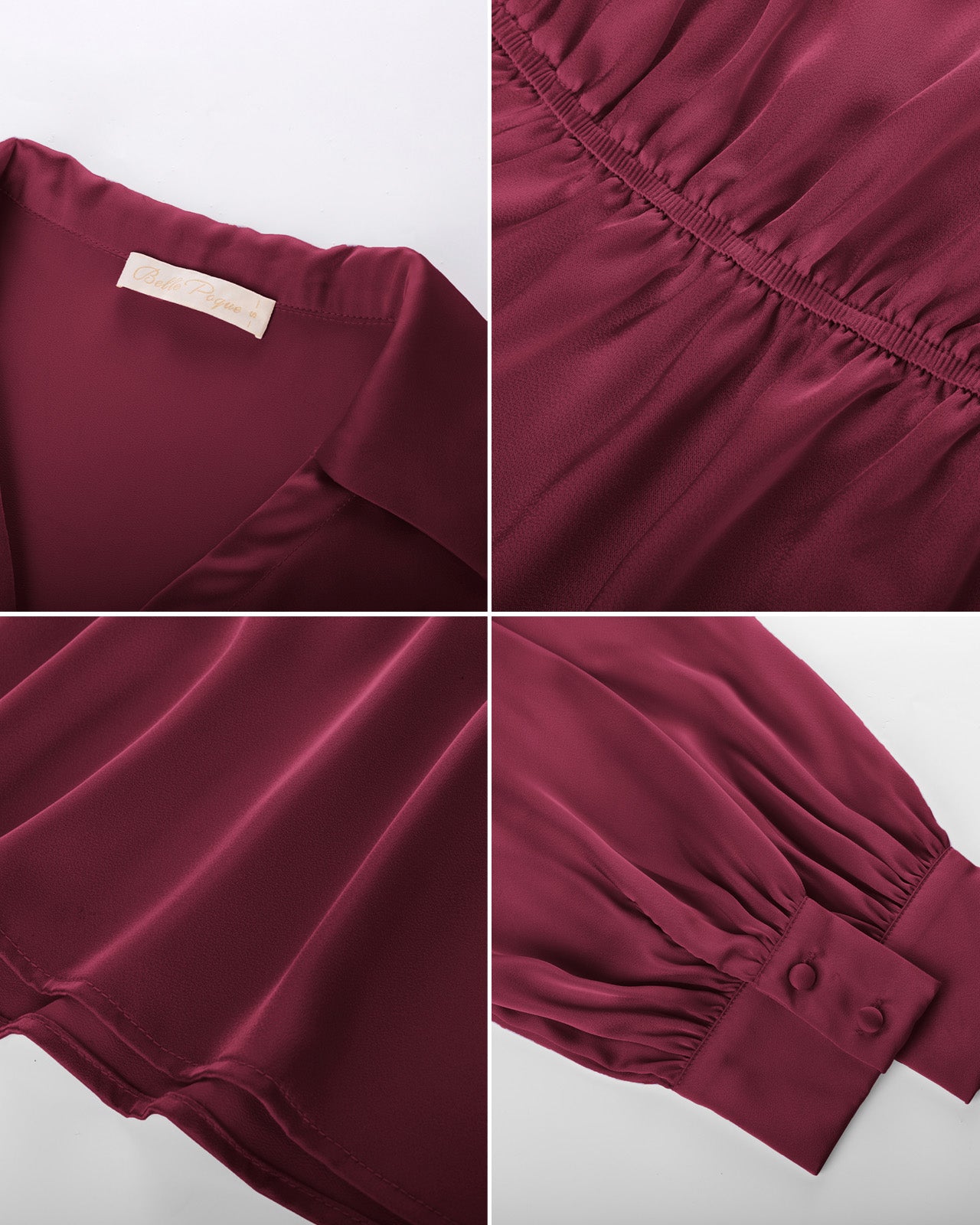 belle poque Vintage Elastic Waist Blouse Long Sleeve Lapel V-Neck Pullover Tops