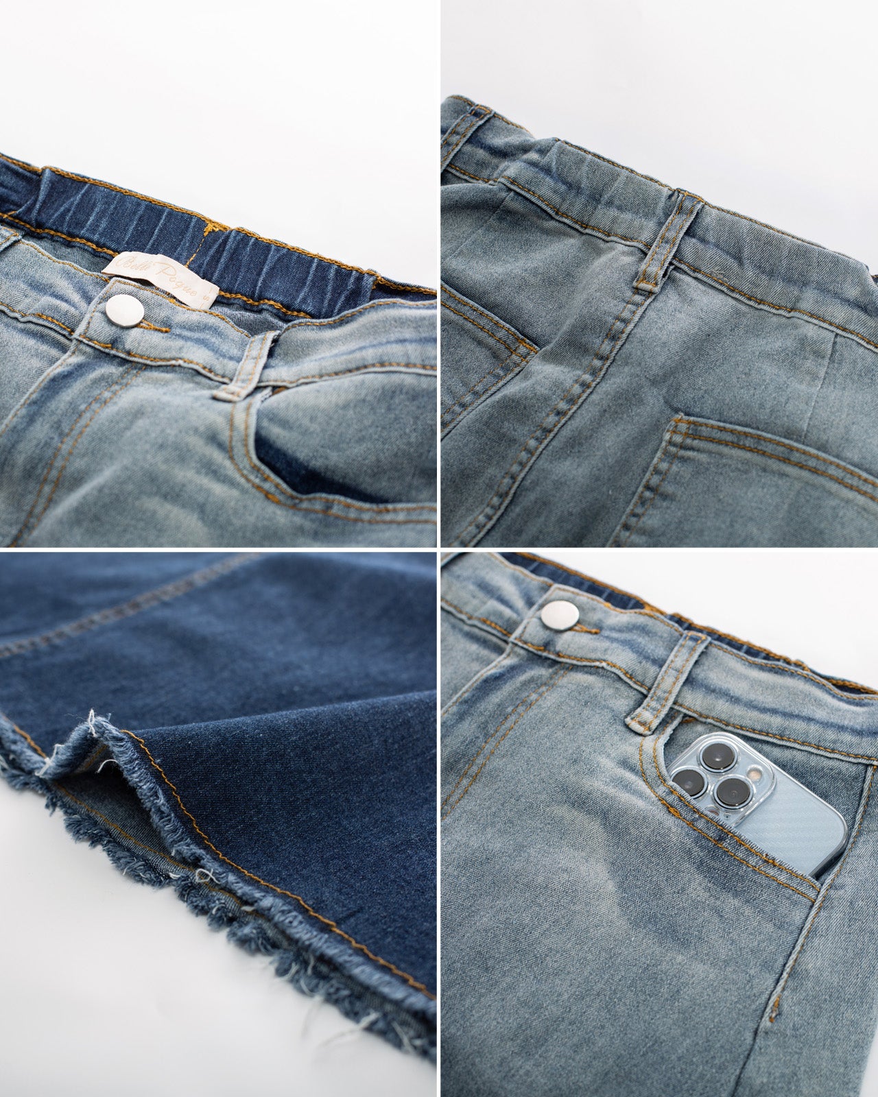 belle poque Multi-Pocket Jean Skirt Elastic High Waist Raw Hem Midi A-Line Skirt