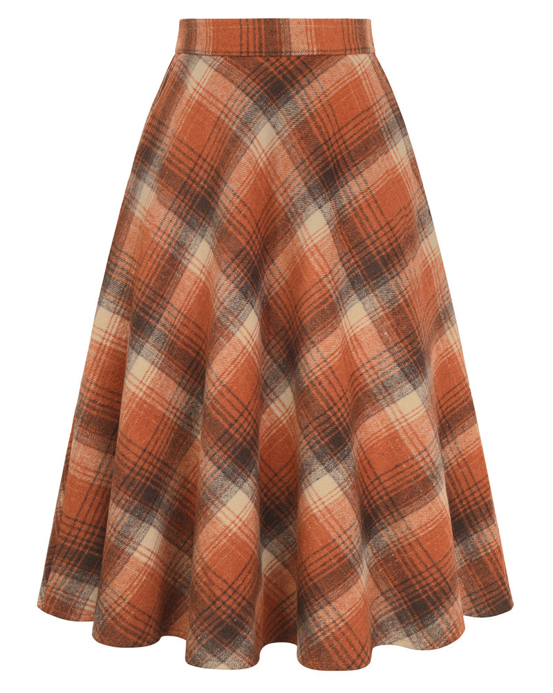 belle poque Women Vintage Plaided Swing Skirt Elastic Waist Mid-Calf Length A-Line Skirt Orange