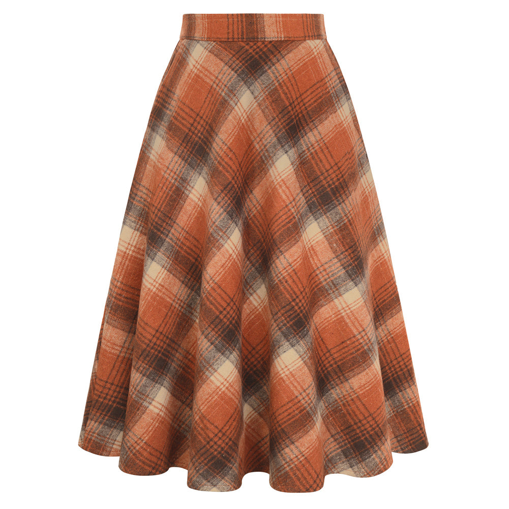 belle poque Women Vintage Plaided Swing Skirt Elastic Waist Mid-Calf Length A-Line Skirt Orange