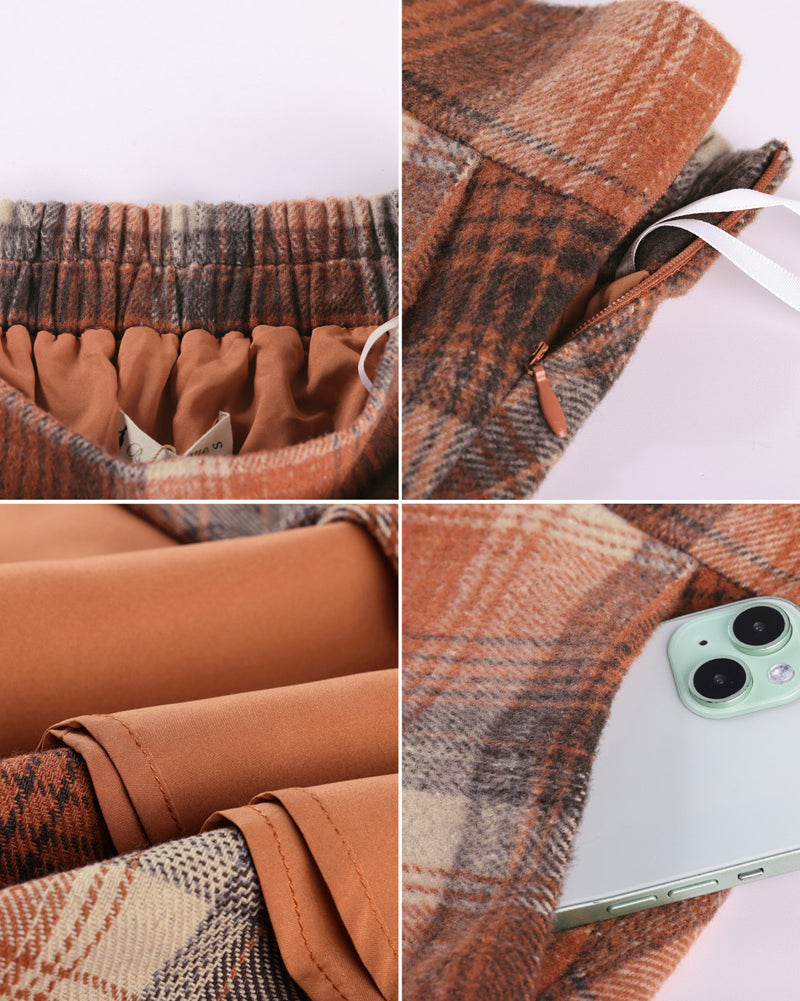 belle poque Women Vintage Plaided Swing Skirt Elastic Waist Mid-Calf Length A-Line Skirt