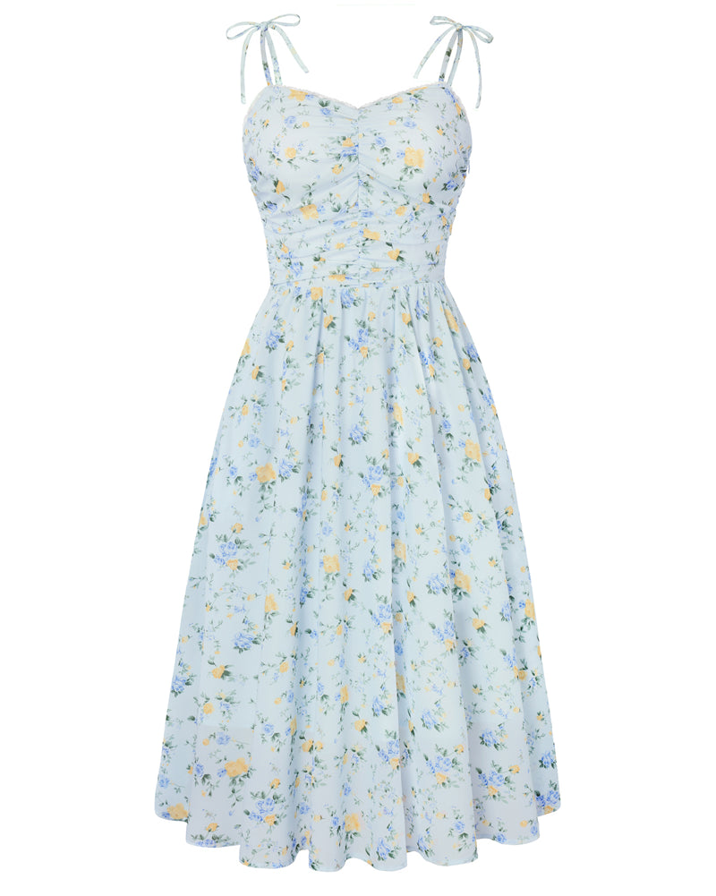 belle poque Women Spring Summer Milkmaid Dress 2026 Floral Midi Tea Party Ruched Sun Dresses Blue
