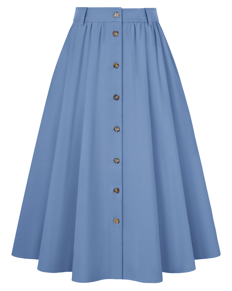 belle poque 1950s Women's Midi Skirt with Pockets Vintage Buttoned Front A-Line Skirt Beige