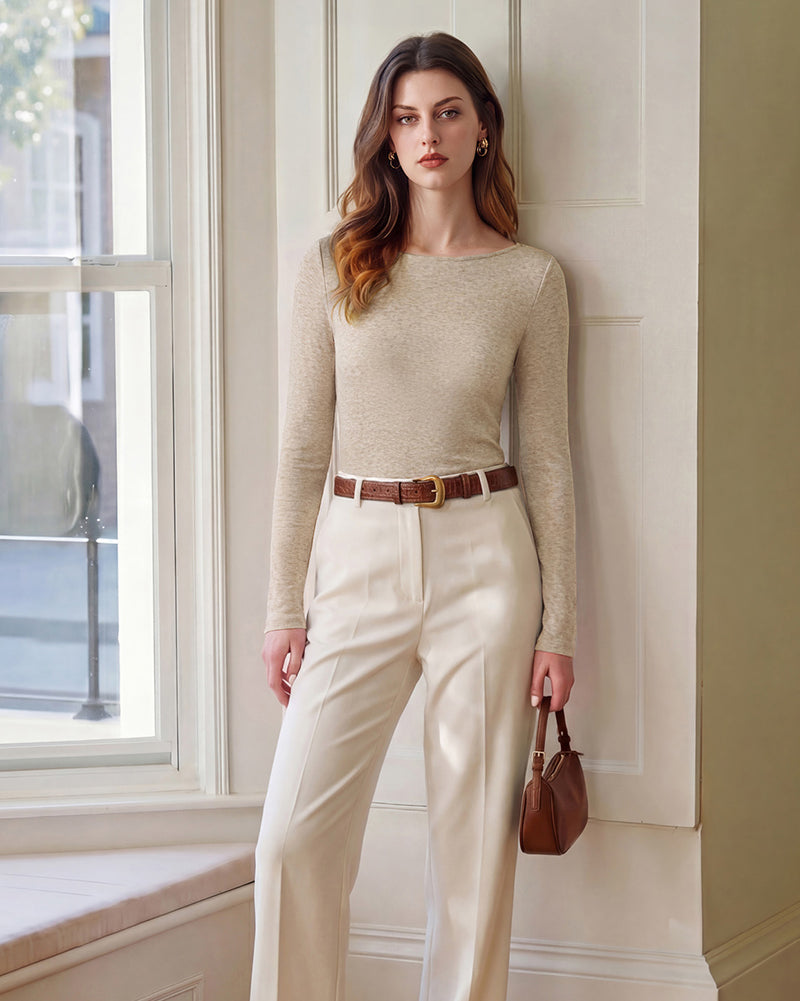 belle poque Women's Wool Long Sleeve Boat Neck Tops Fitted Basic Tees Wool Base Layer Women