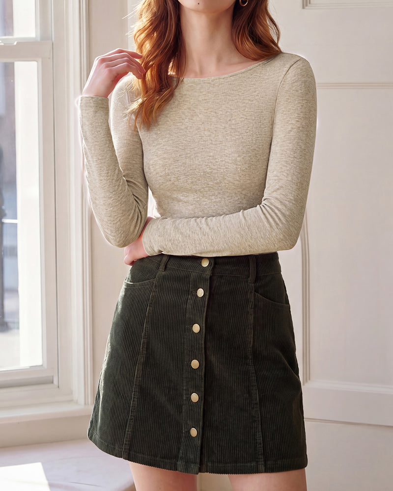 belle poque Women's Wool Long Sleeve Boat Neck Tops Fitted Basic Tees Wool Base Layer Women