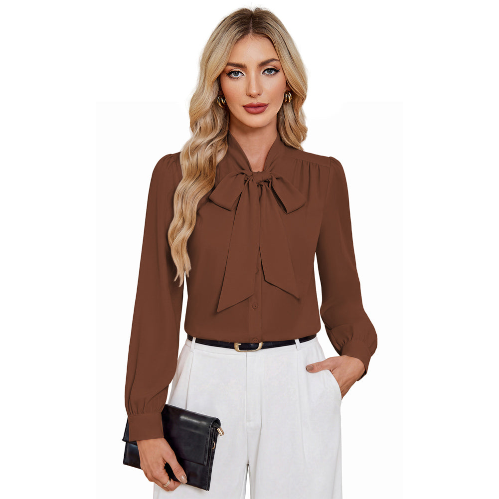 Women Vintage Long Sleeve Bow-Knot Decorated Button-up Tops