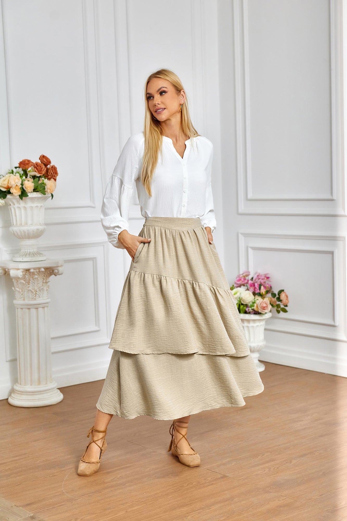 belle poque BP Women Vintage 2-Layer Swing Skirt Elastic High Waist Maxi Skirt