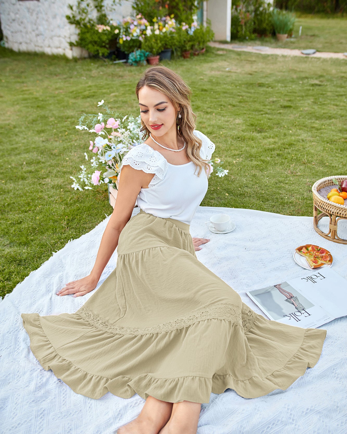 belle poque Women Vintage Tiered Swing Skirt Elastic Waist Ruffled Hem Mid-Calf Skirt