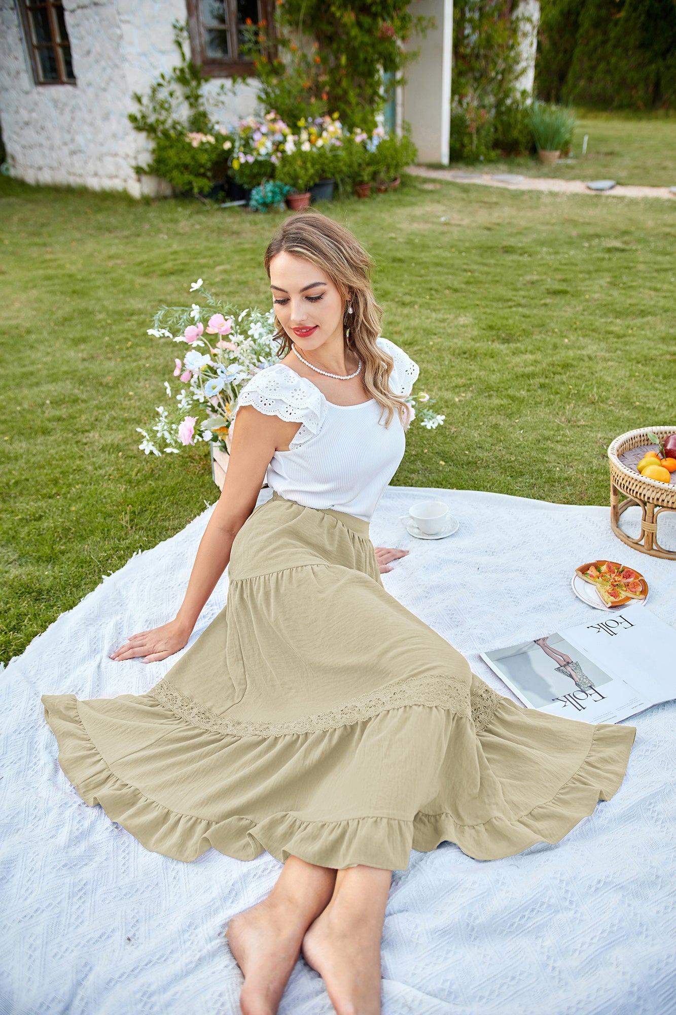 belle poque Women Vintage Tiered Swing Skirt Elastic Waist Ruffled Hem Mid-Calf Skirt