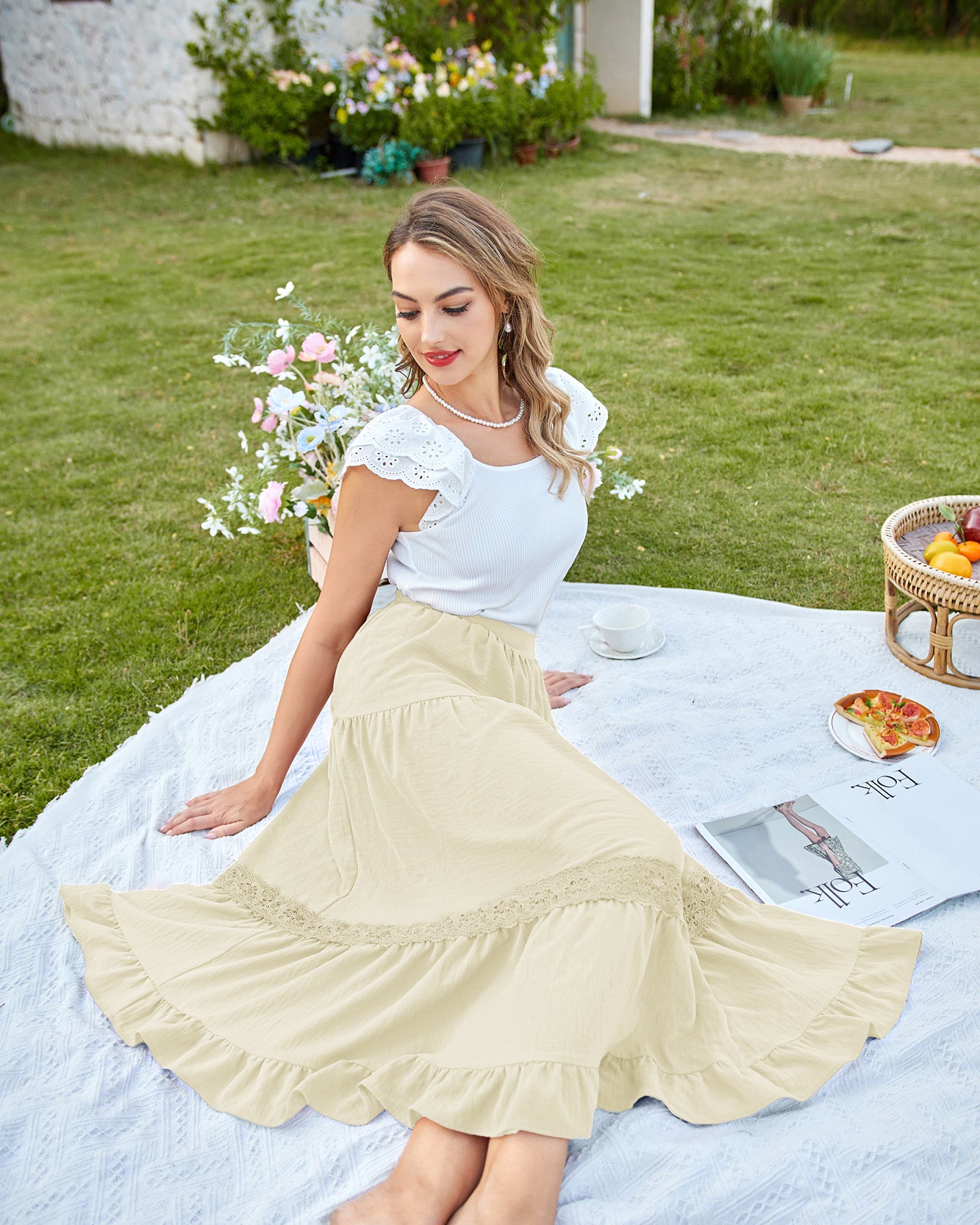 belle poque Women's Midi Skirt Boho Flowy Aline Ruffle Lace Tiered Skirt with Pockets 2025