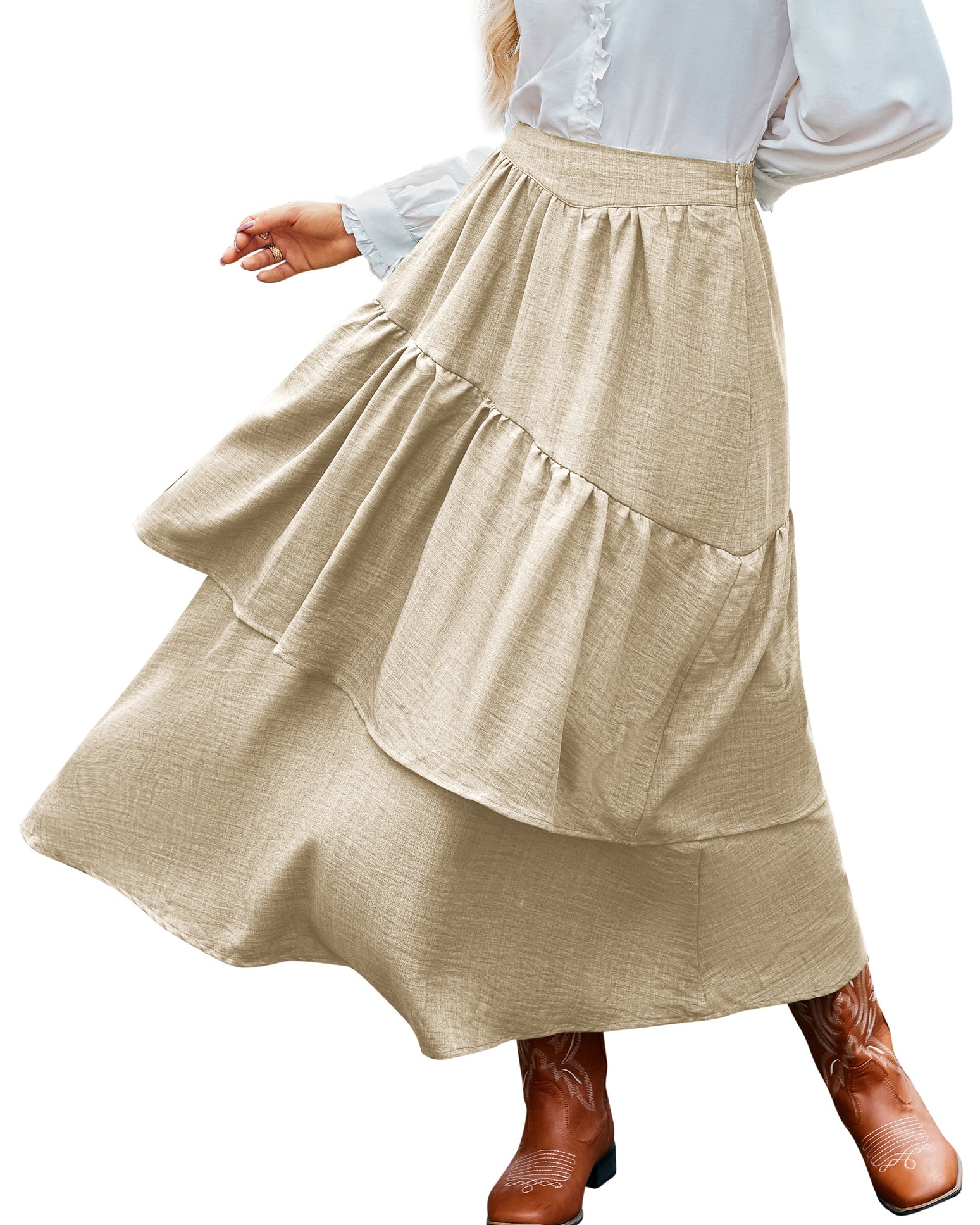 belle poque BP Women Vintage 2-Layer Swing Skirt Elastic High Waist Maxi Skirt
