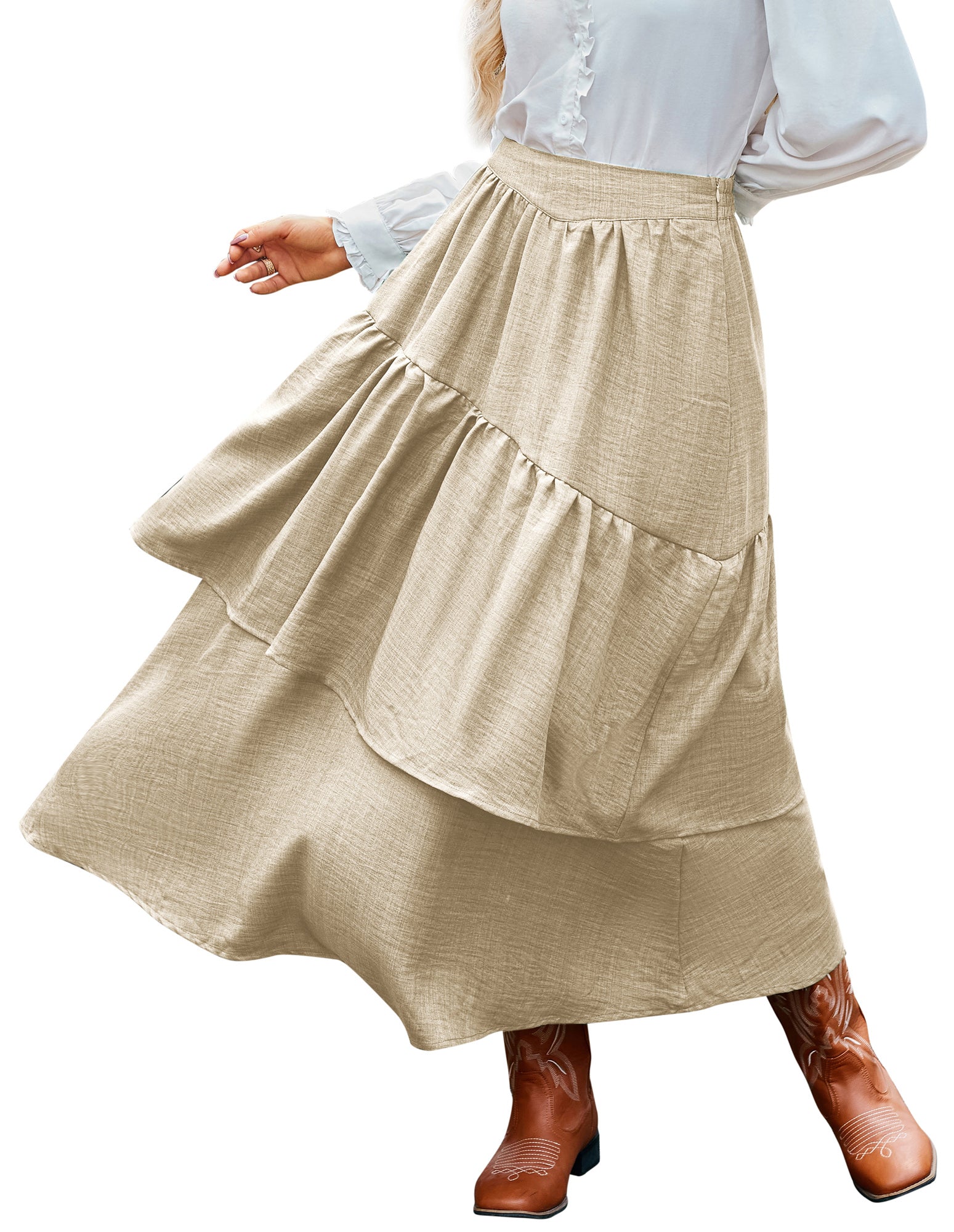 belle poque BP Women Vintage 2-Layer Swing Skirt Elastic High Waist Maxi Skirt