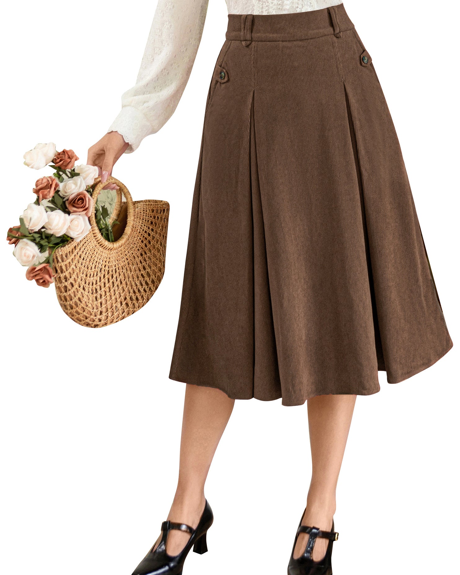 belle poque Vintage Swing Skirt Elastic Waist Flared A-Line Mid-Calf Skirt