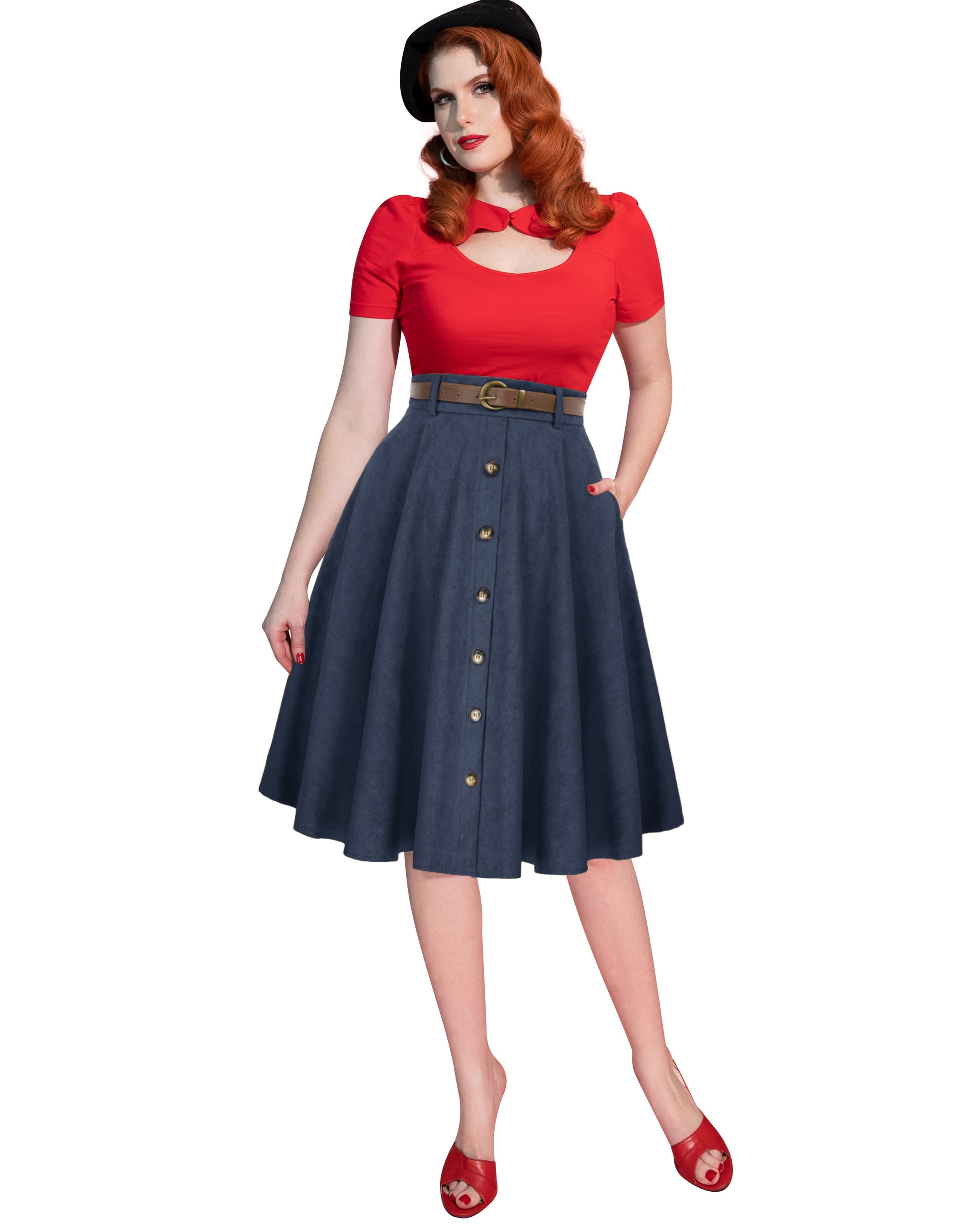 belle poque Corduroy Skirt with Belt Elastic High Waist Mid-Calf Swing Skirt