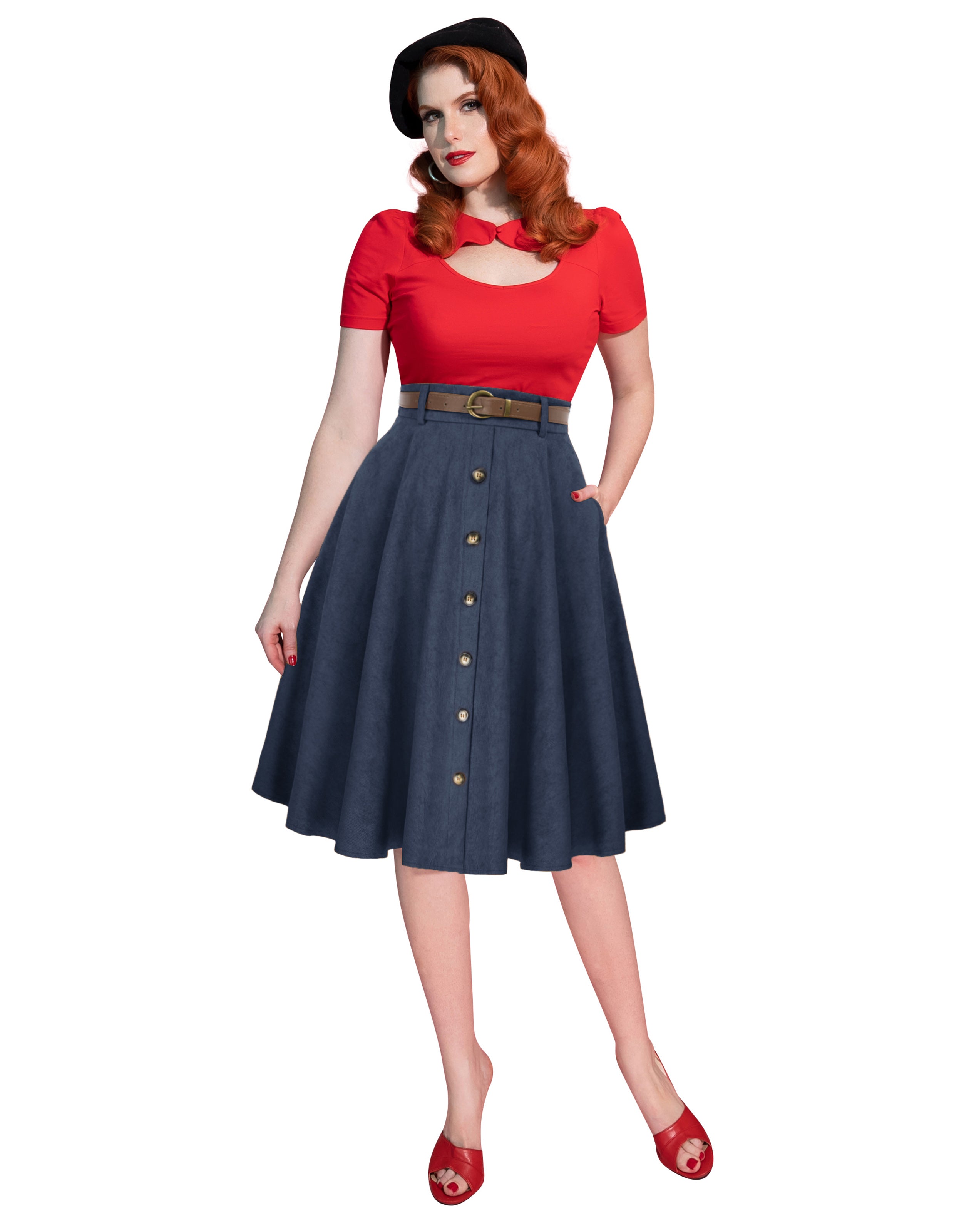 belle poque Corduroy Skirt with Belt Elastic High Waist Mid-Calf Swing Skirt