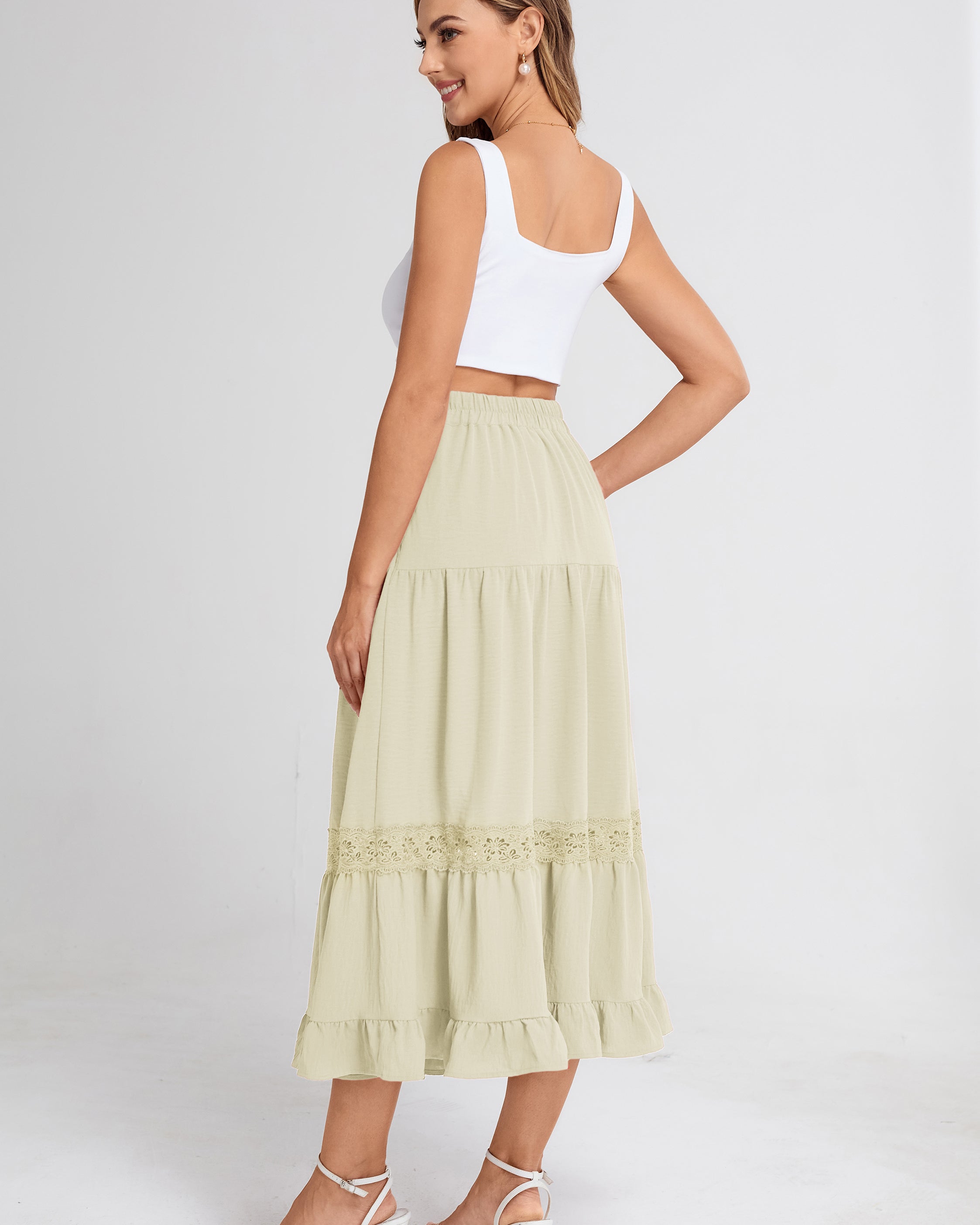 belle poque Women's Midi Skirt Boho Flowy Aline Ruffle Lace Tiered Skirt with Pockets 2025