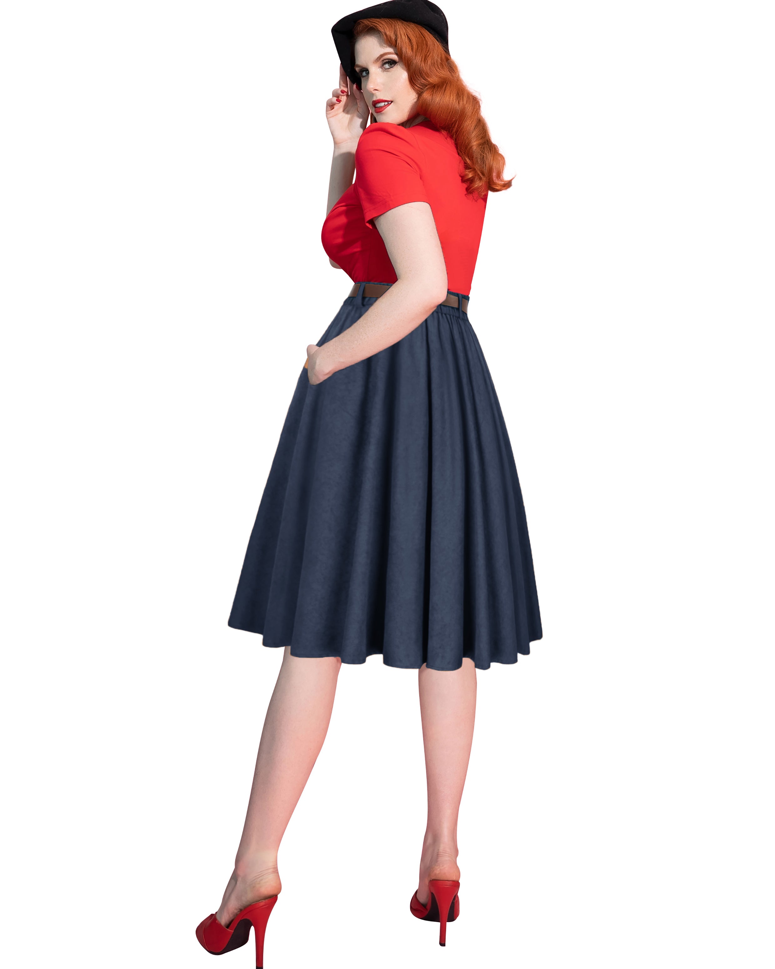 belle poque Corduroy Skirt with Belt Elastic High Waist Mid-Calf Swing Skirt