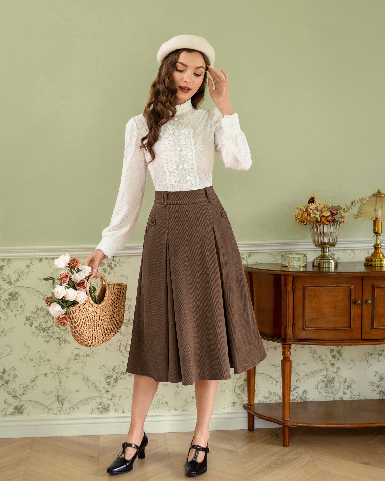 belle poque Vintage Swing Skirt Elastic Waist Flared A-Line Mid-Calf Skirt