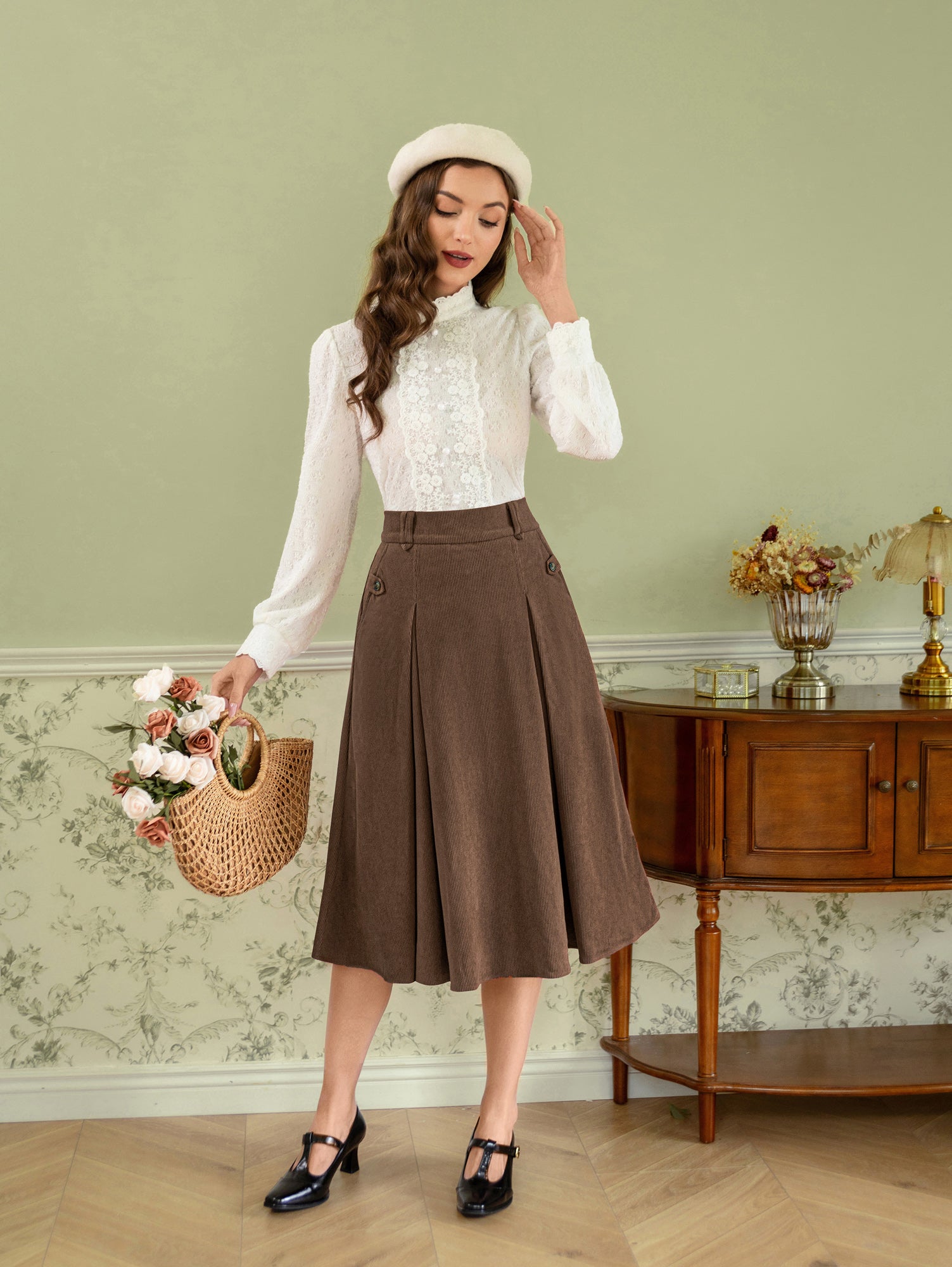belle poque Vintage Swing Skirt Elastic Waist Flared A-Line Mid-Calf Skirt