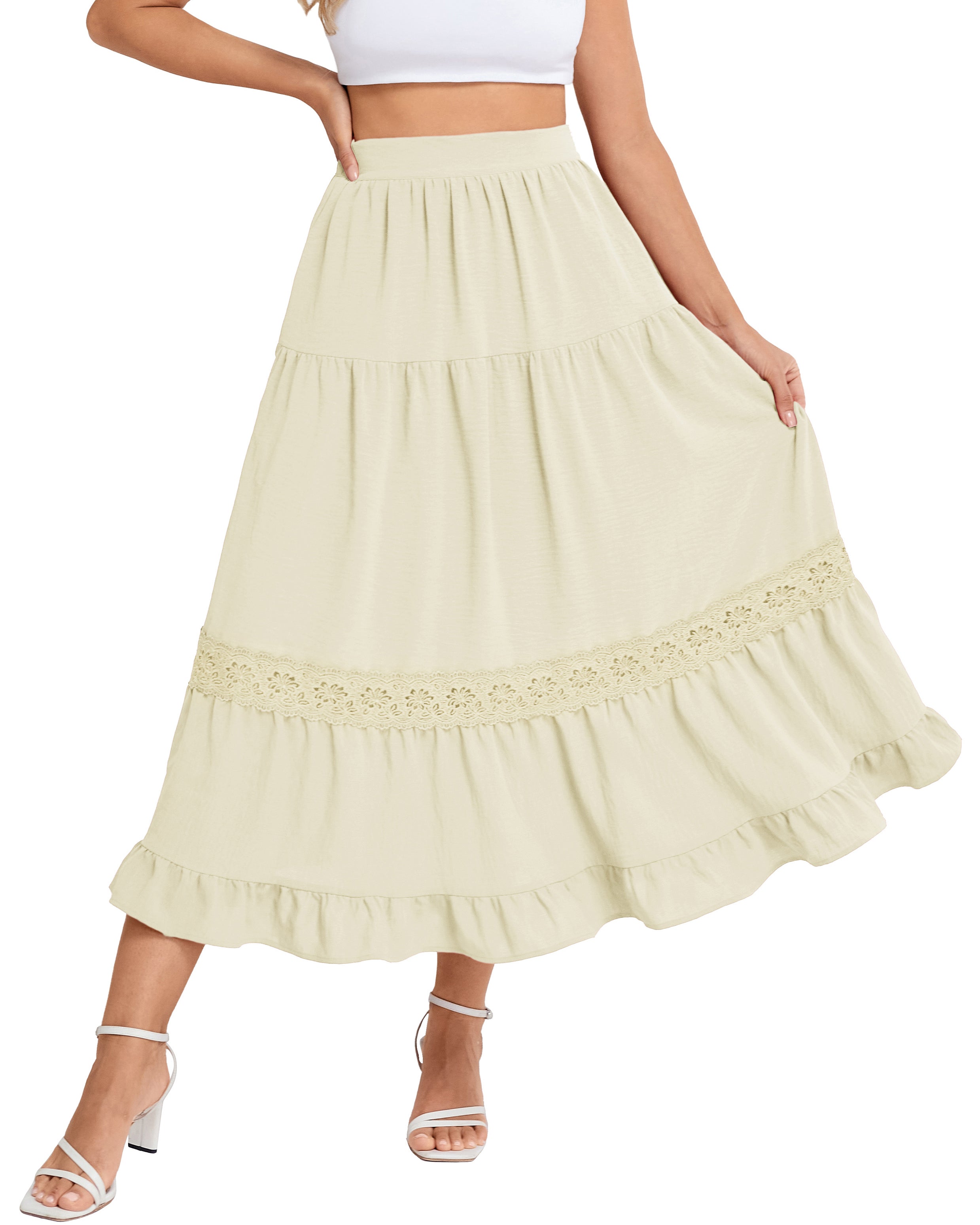belle poque Women's Midi Skirt Boho Flowy Aline Ruffle Lace Tiered Skirt with Pockets 2025
