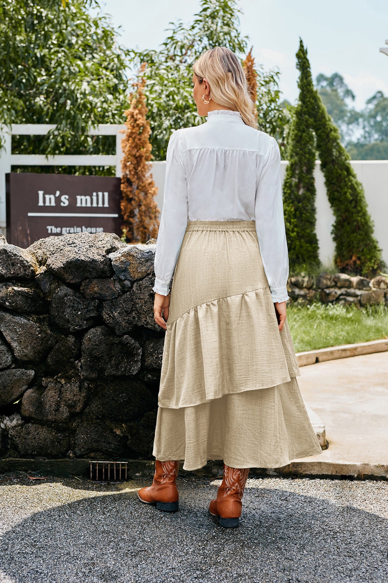 belle poque BP Women Vintage 2-Layer Swing Skirt Elastic High Waist Maxi Skirt