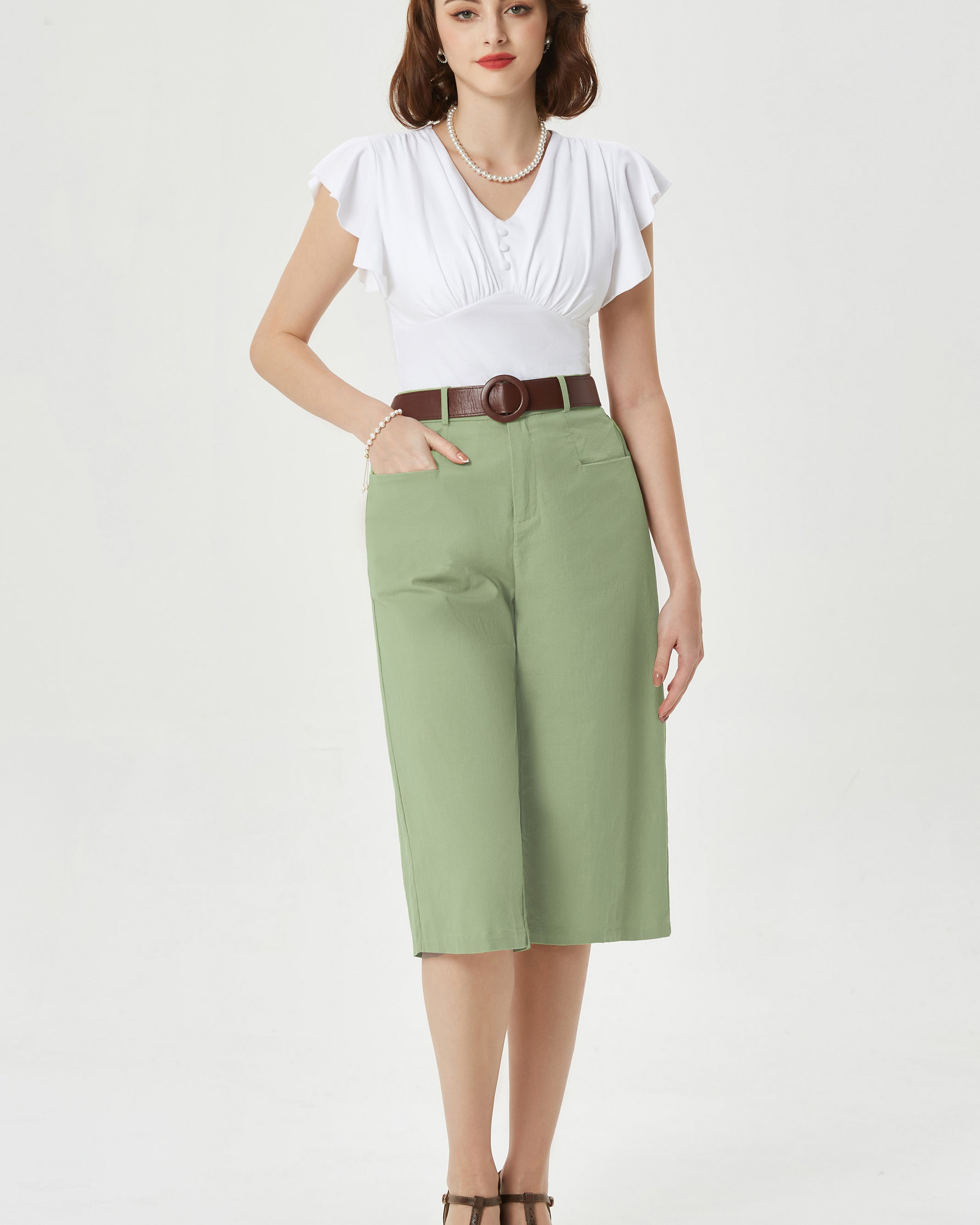 belle poque Casual Capris Summer High Wiasted Wide Leg Capris with Pockets & Belt