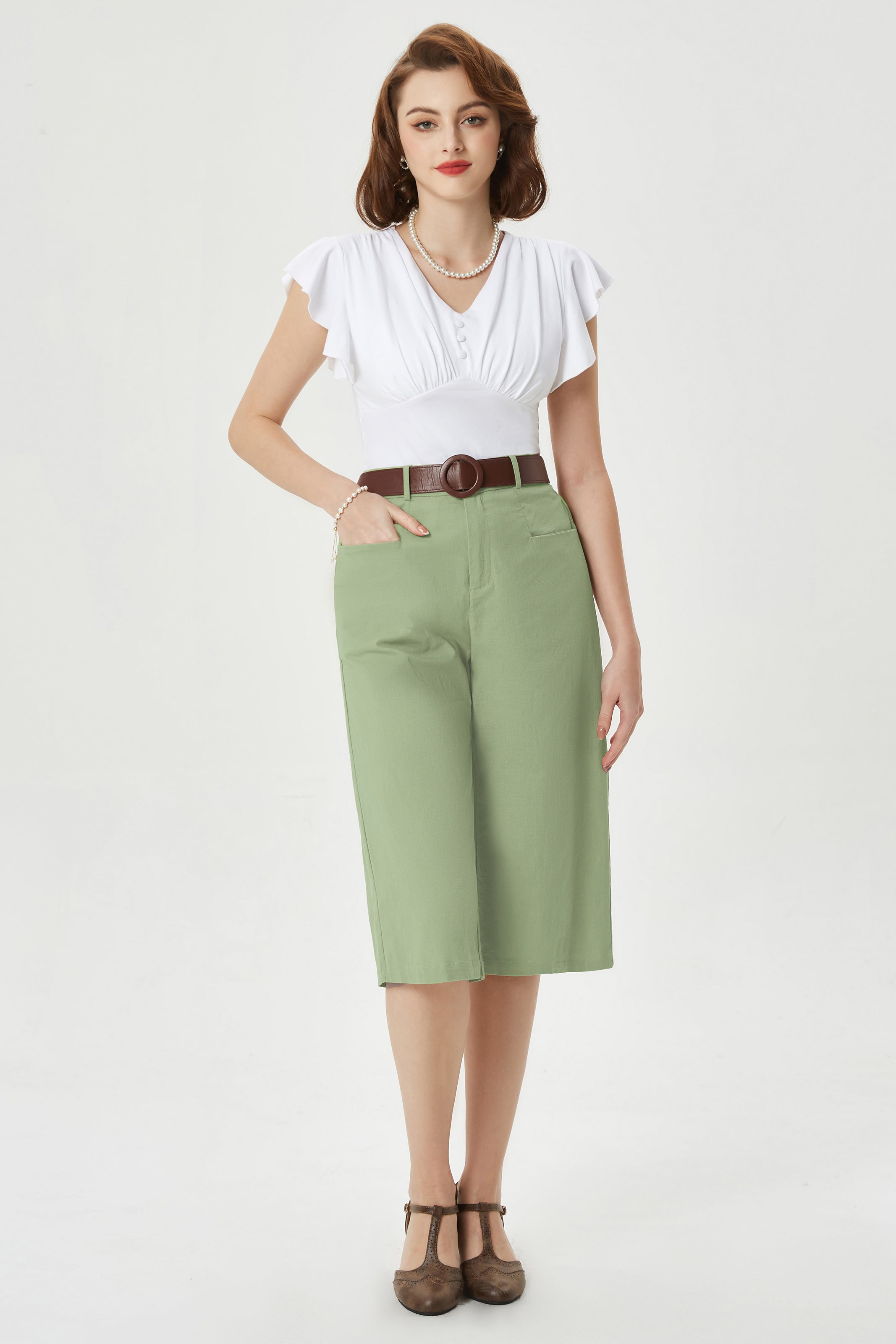 belle poque Casual Capris Summer High Wiasted Wide Leg Capris with Pockets & Belt