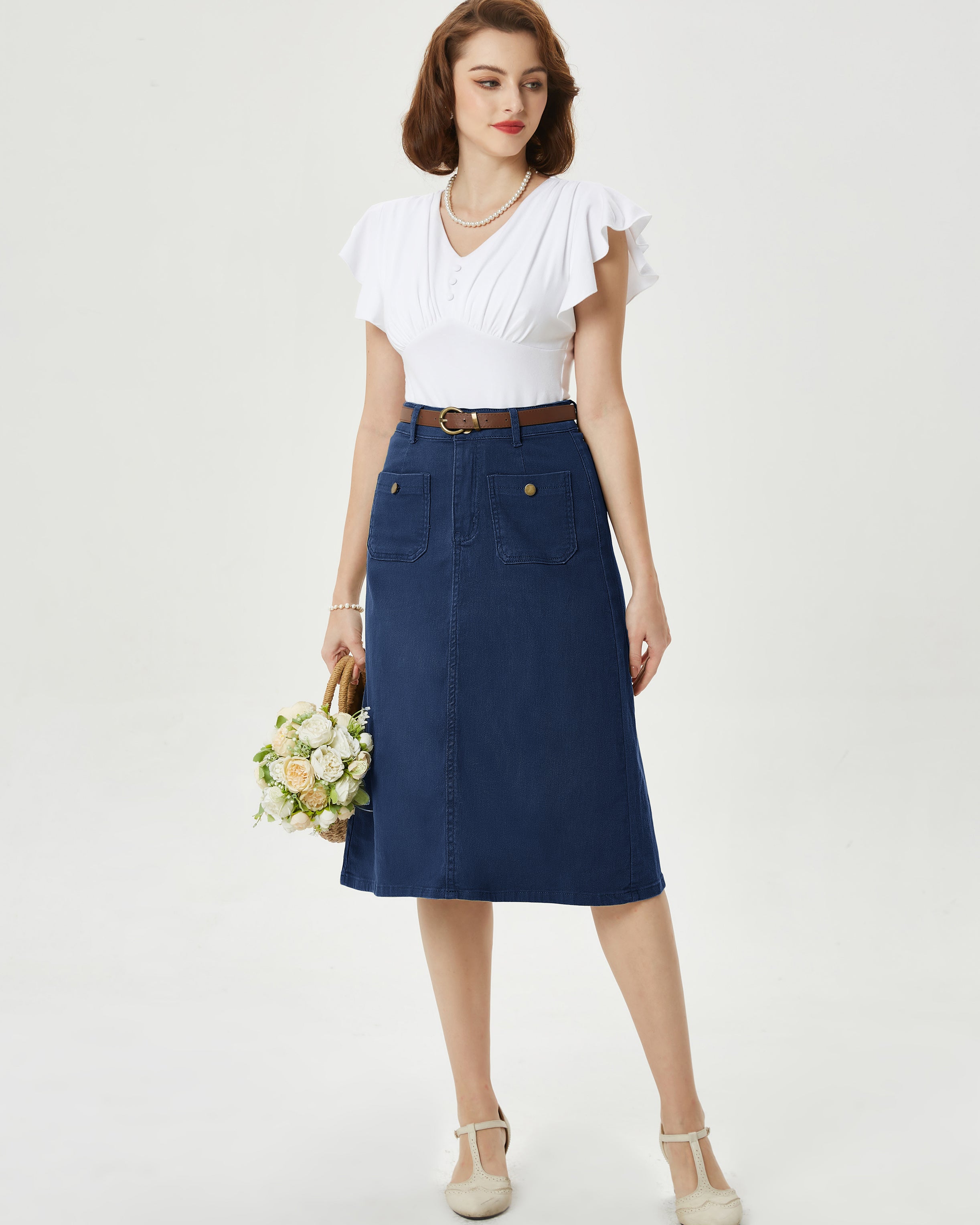 belle poque Denim Skirt with Belt Knee Length High Waisted Jean Skirts for Women