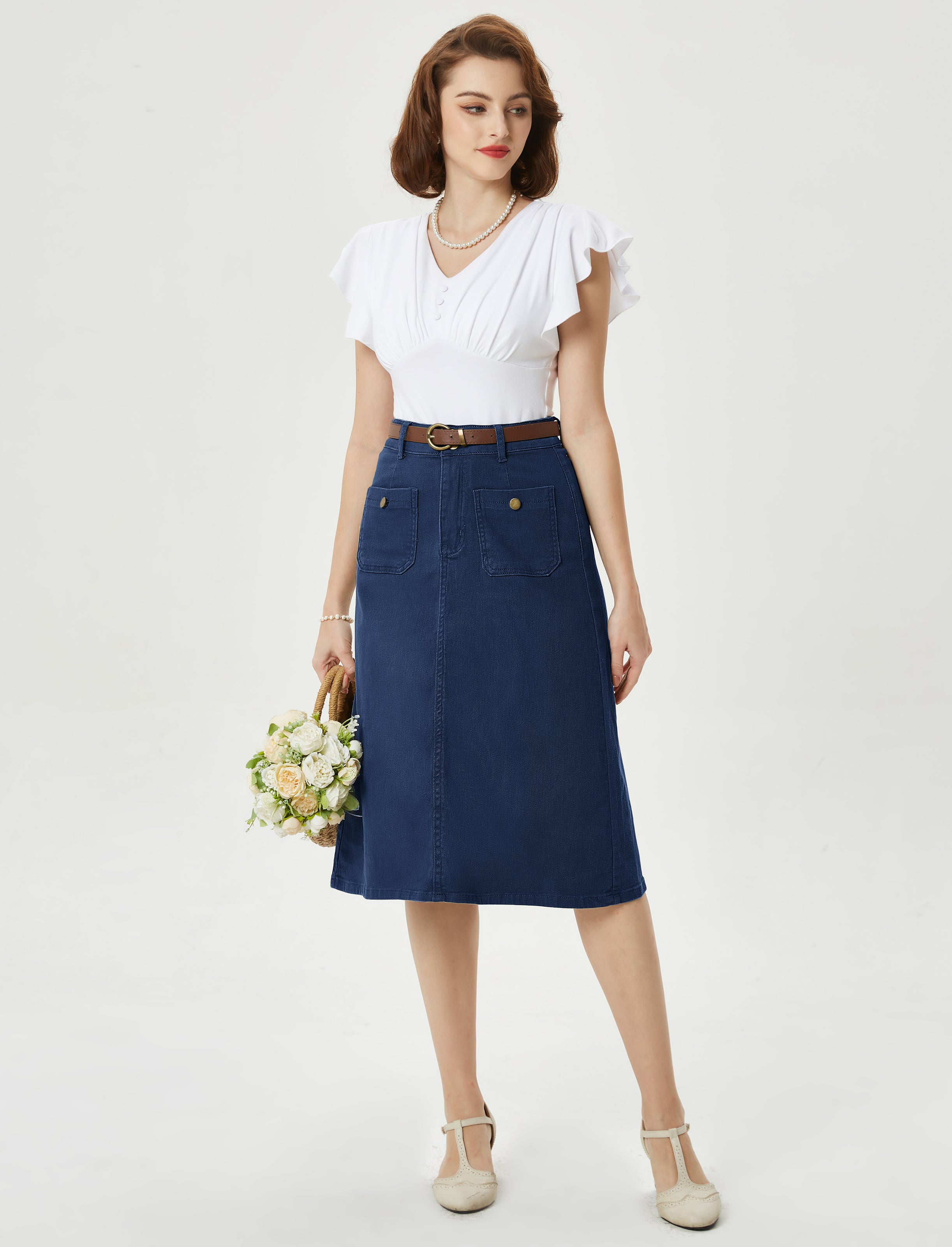 belle poque Denim Skirt with Belt Knee Length High Waisted Jean Skirts for Women