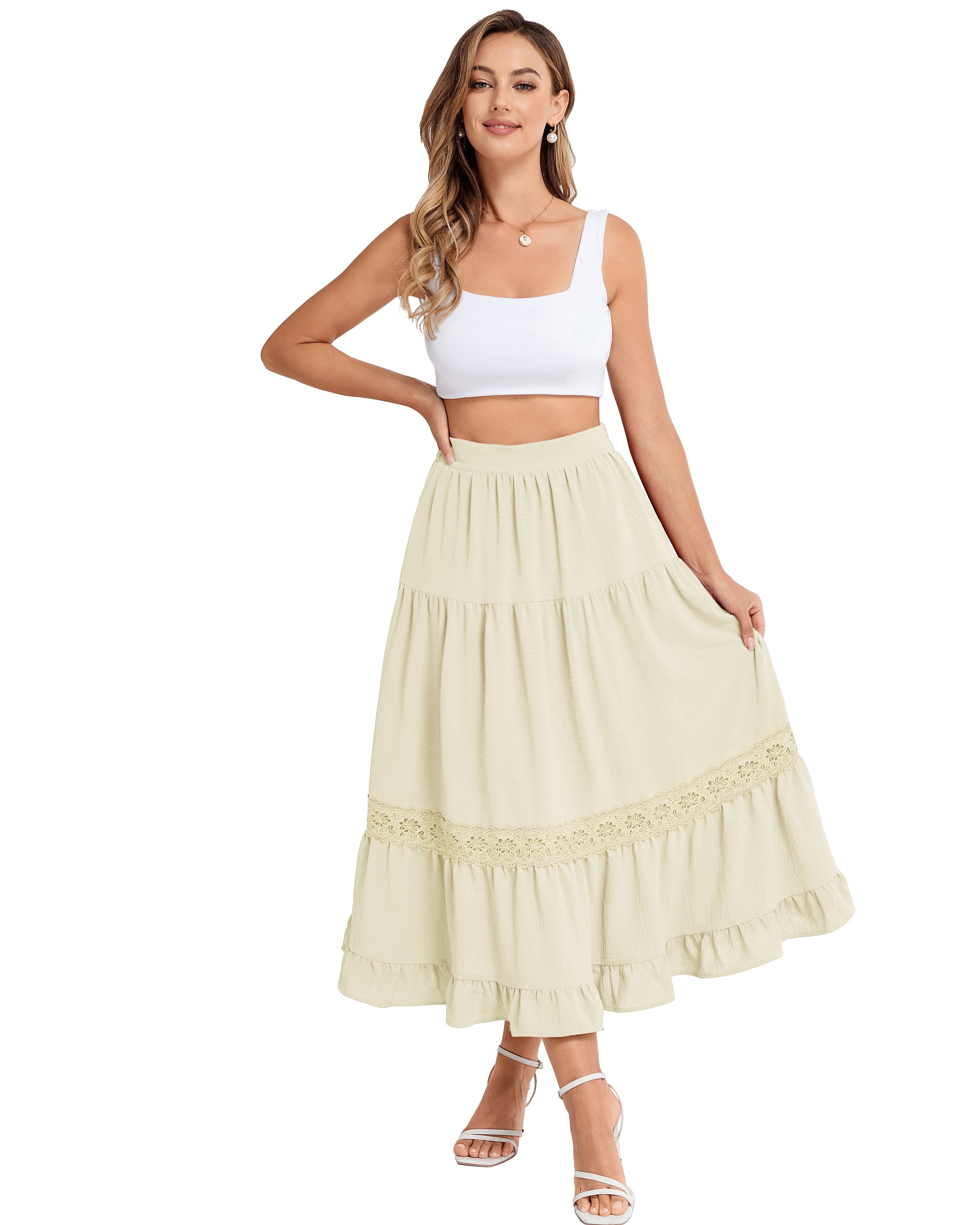 belle poque Women's Midi Skirt Boho Flowy Aline Ruffle Lace Tiered Skirt with Pockets 2025