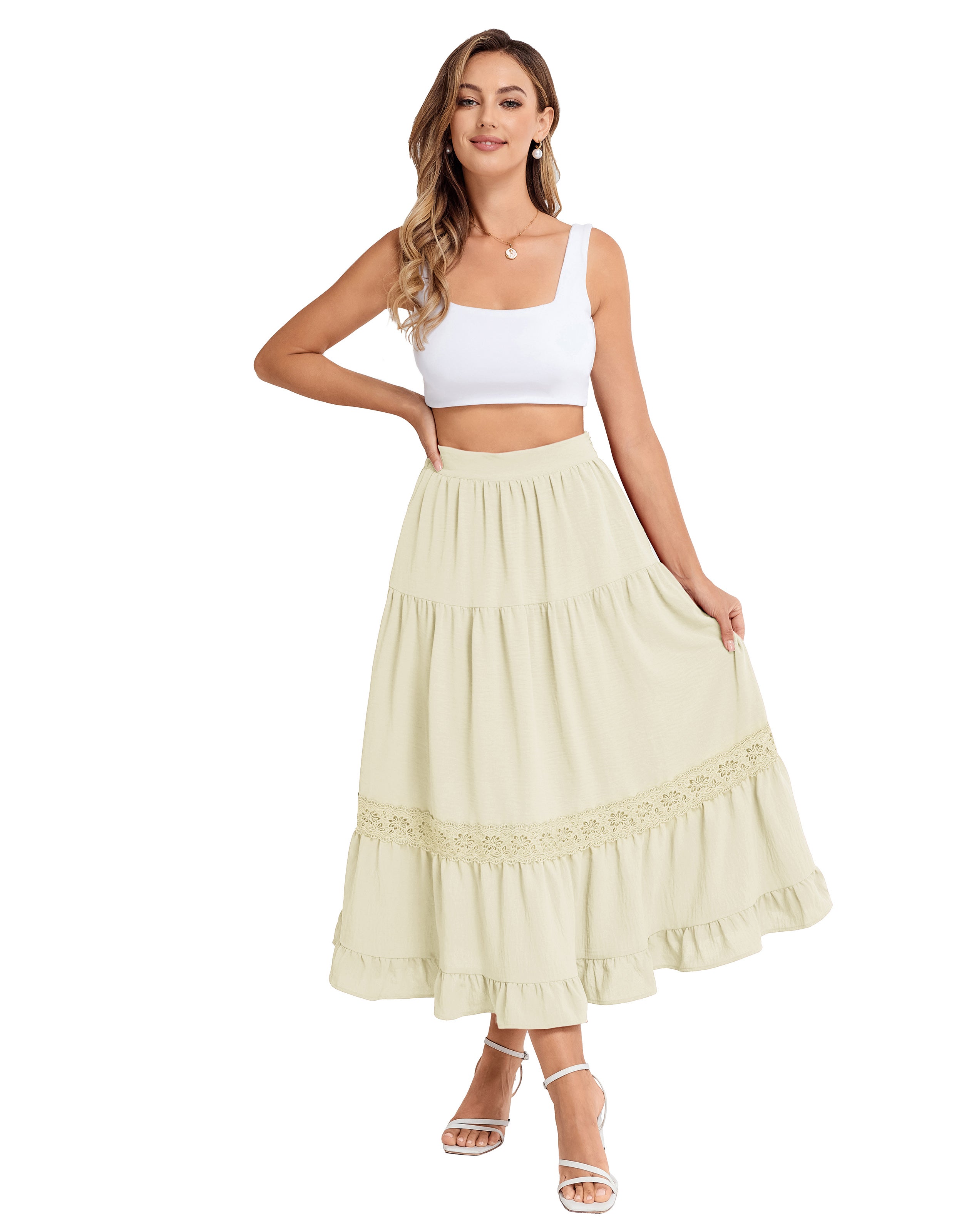 belle poque Women Vintage Tiered Swing Skirt Elastic Waist Ruffled Hem Mid-Calf Skirt