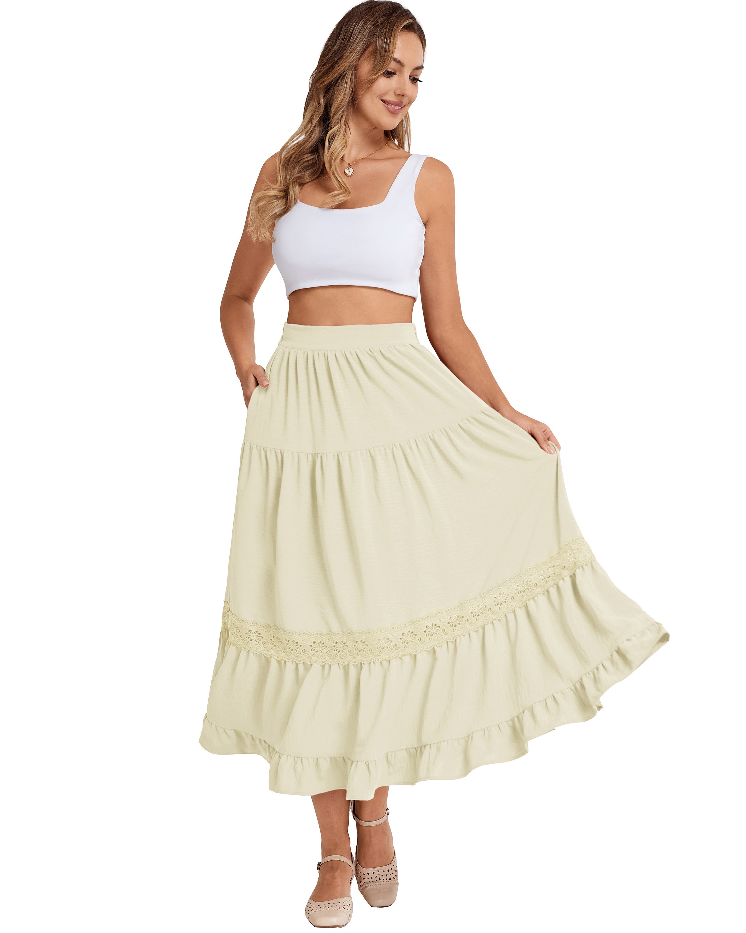 belle poque Women's Midi Skirt Boho Flowy Aline Ruffle Lace Tiered Skirt with Pockets 2025