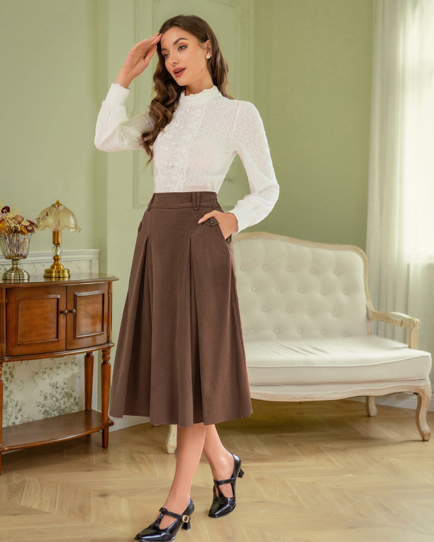 belle poque Vintage Swing Skirt Elastic Waist Flared A-Line Mid-Calf Skirt