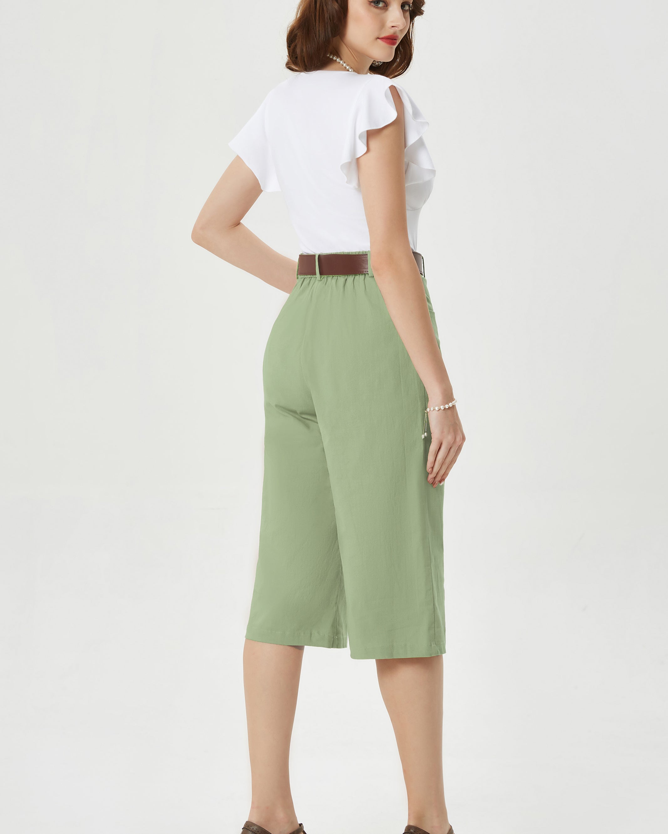 belle poque Casual Capris Summer High Wiasted Wide Leg Capris with Pockets & Belt