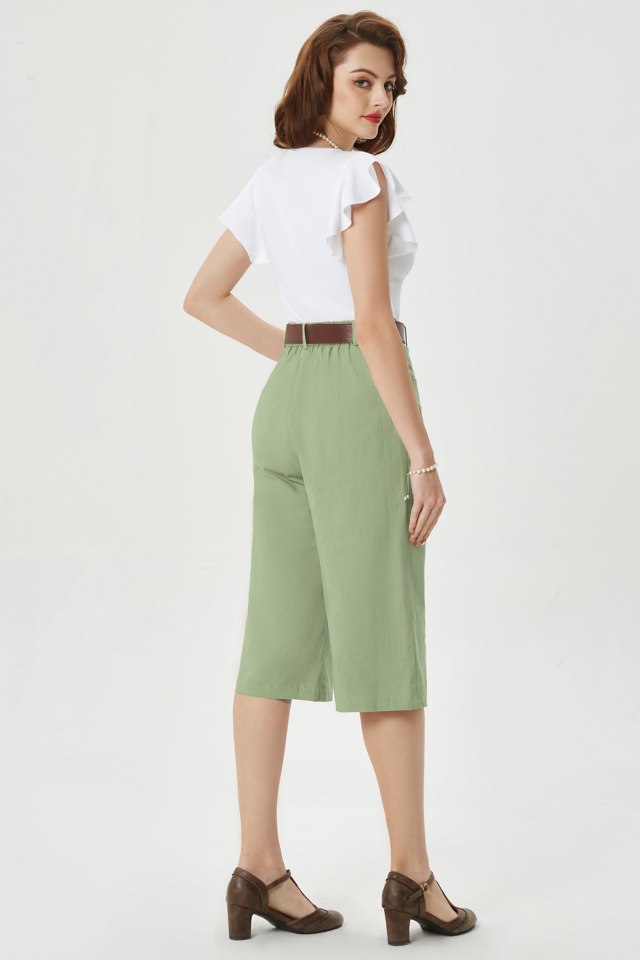 belle poque Casual Capris Summer High Wiasted Wide Leg Capris with Pockets & Belt