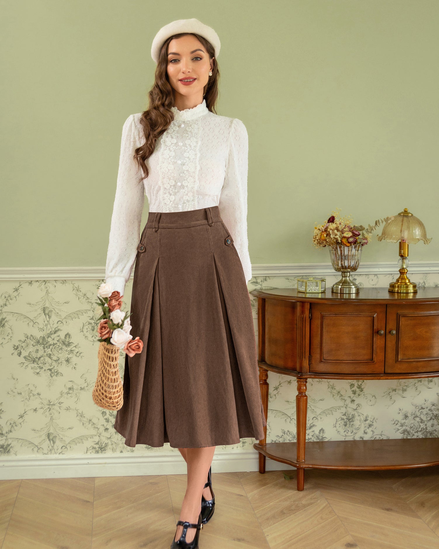 belle poque Vintage Swing Skirt Elastic Waist Flared A-Line Mid-Calf Skirt