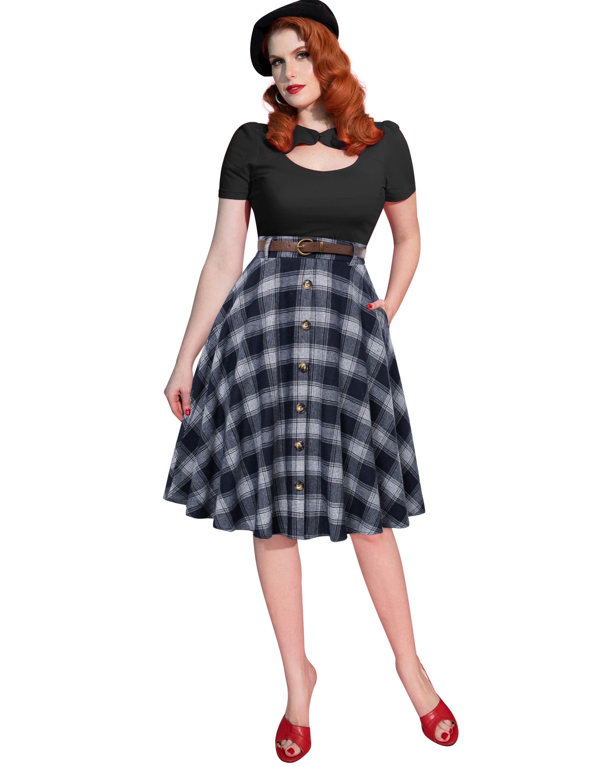belle poque Swing Plaid Skirt with Belt Elastic High Waist Buttons Decorated Skirt