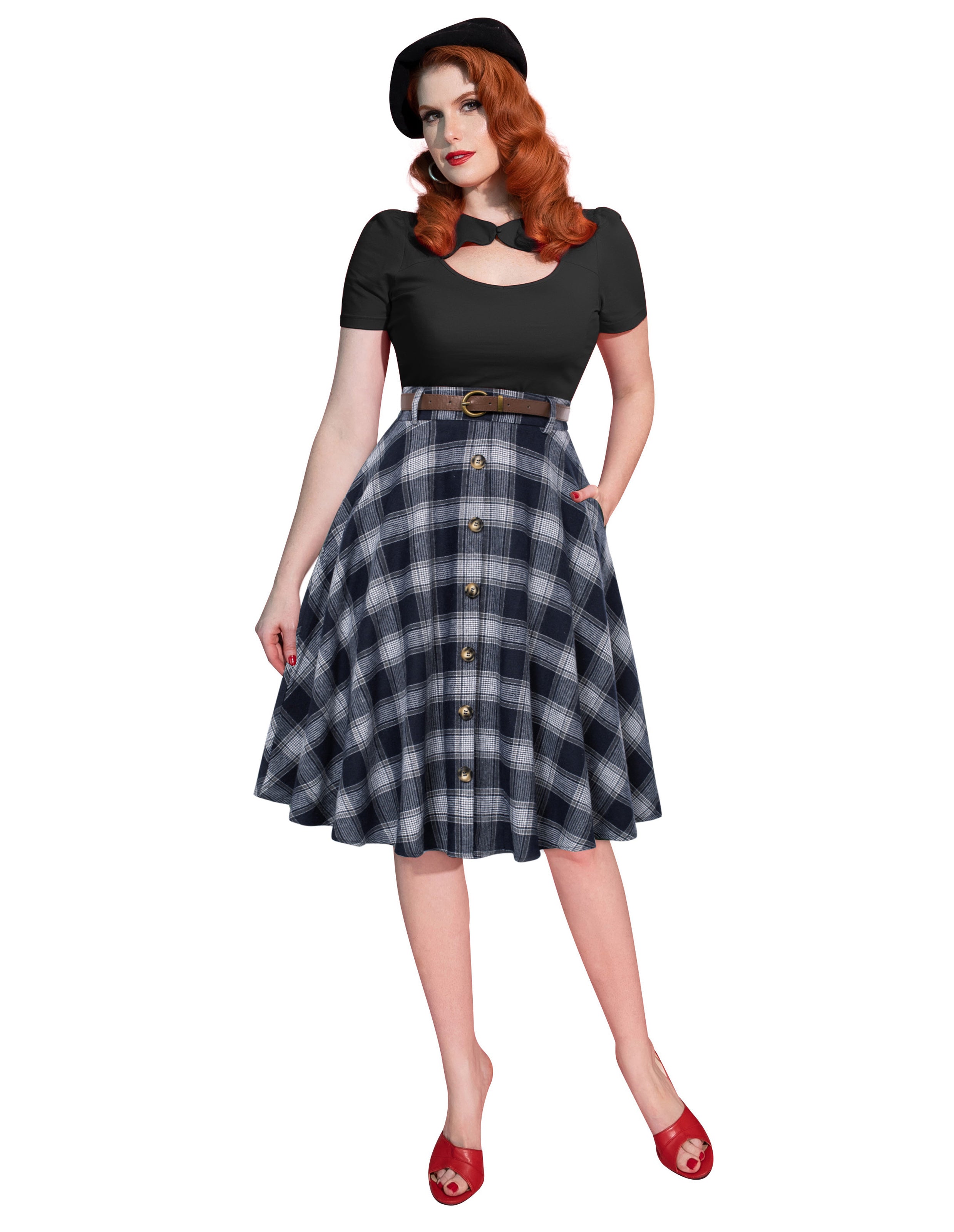 belle poque Swing Plaid Skirt with Belt Elastic High Waist Buttons Decorated Skirt