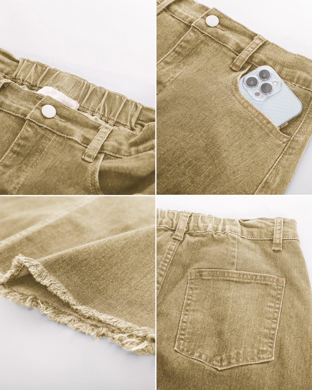 belle poque Multi-Pocket Jean Skirt Elastic High Waist Raw Hem Midi A-Line Skirt